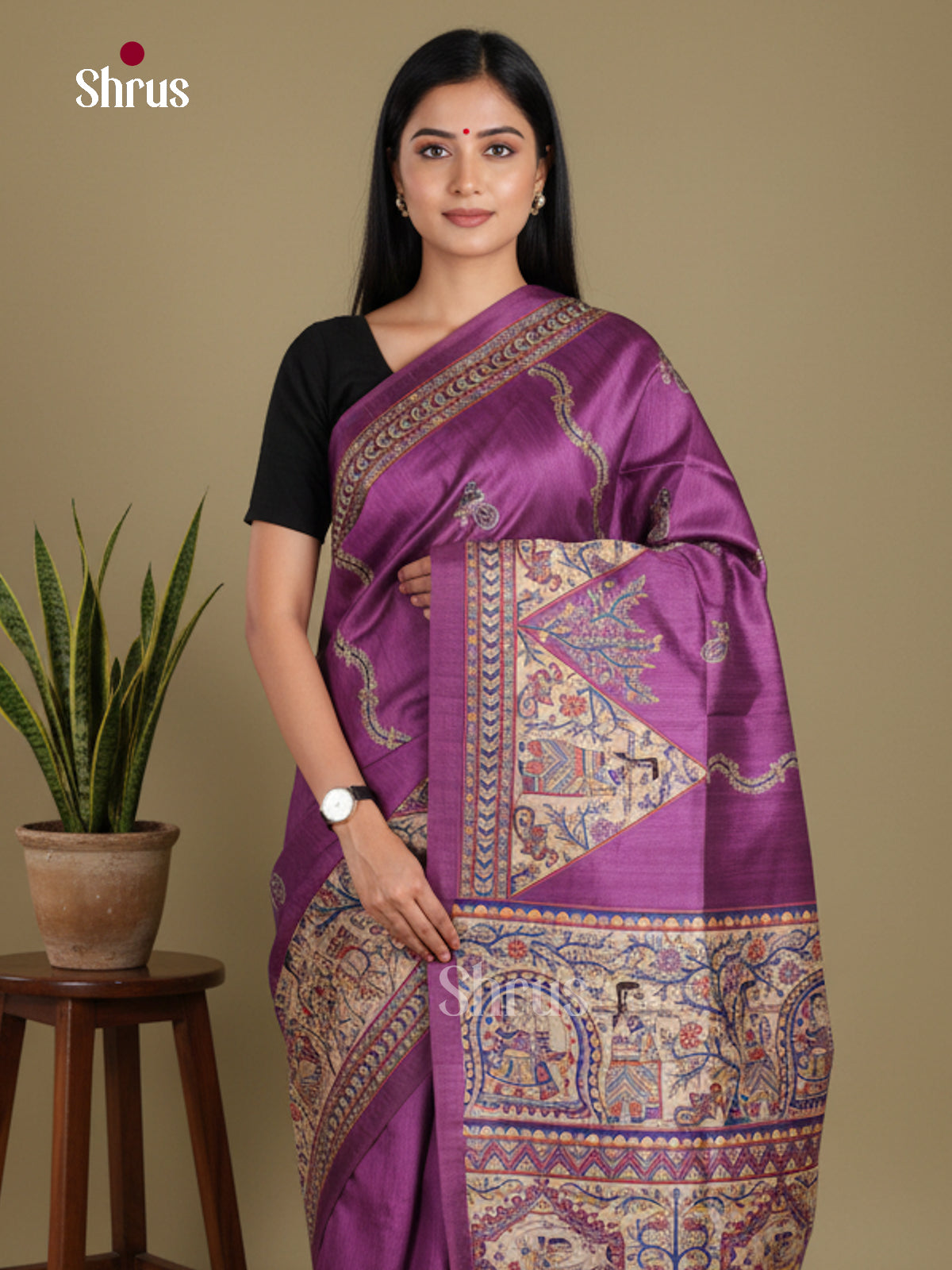 Violet & Cream - Printed Madhubani Saree