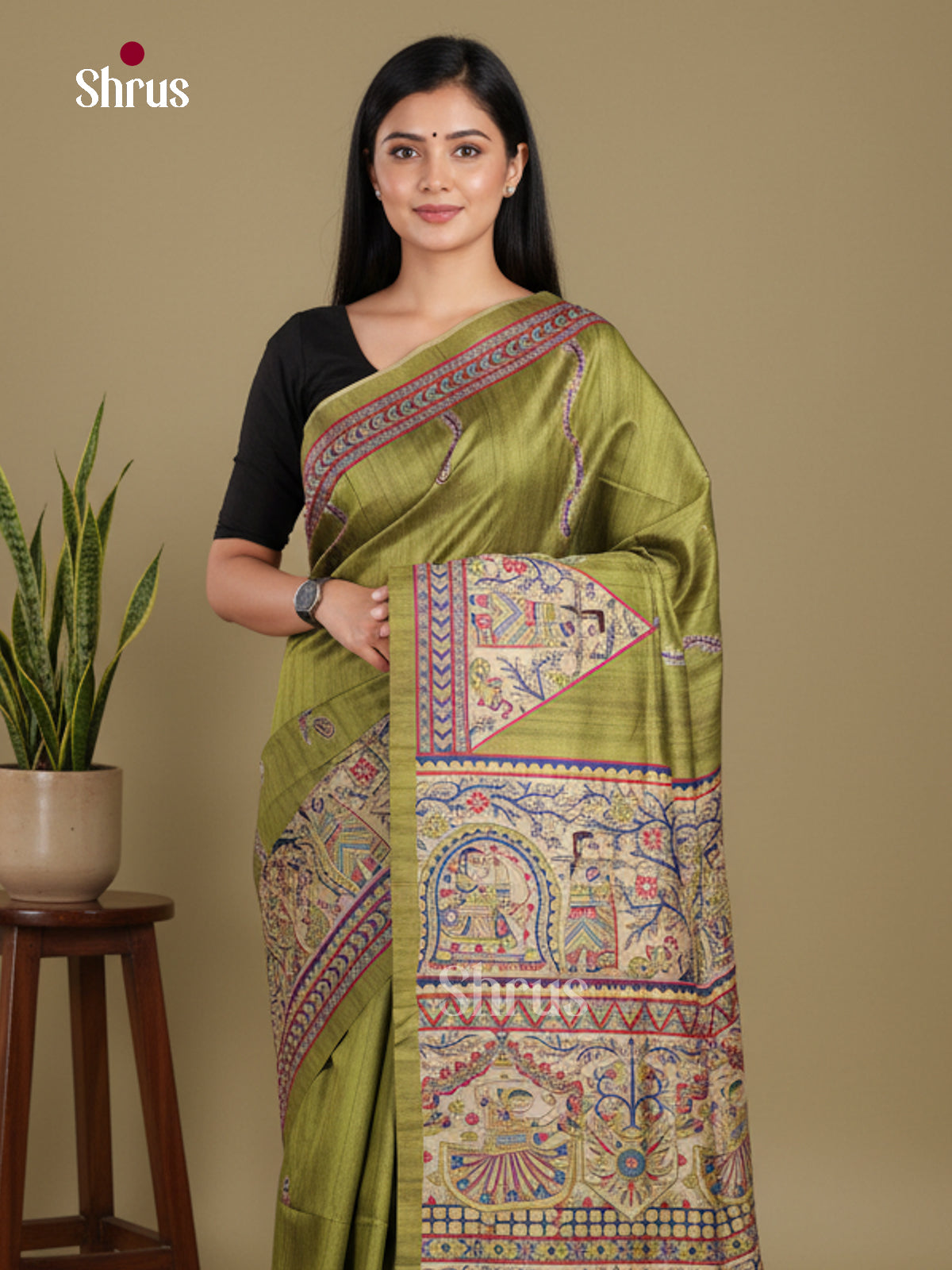 Green & Cream - Printed Madhubani Saree