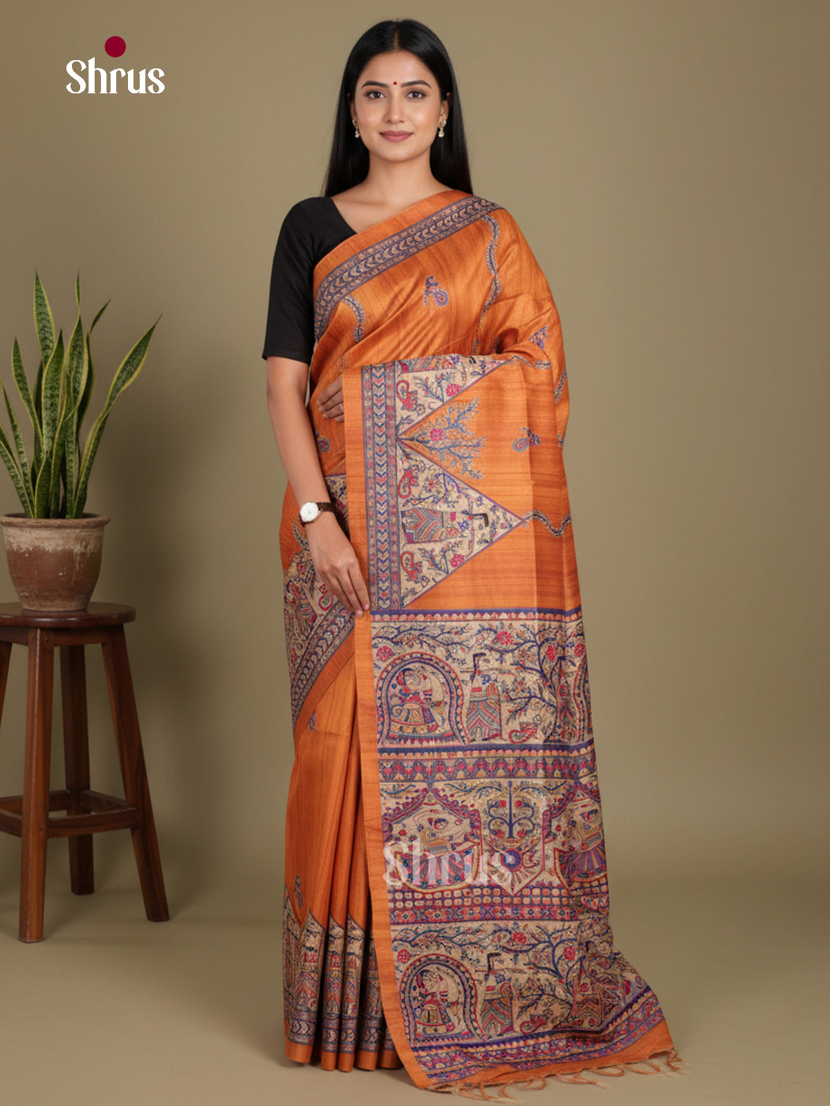 Brick & Cream - Printed Madhubani Saree