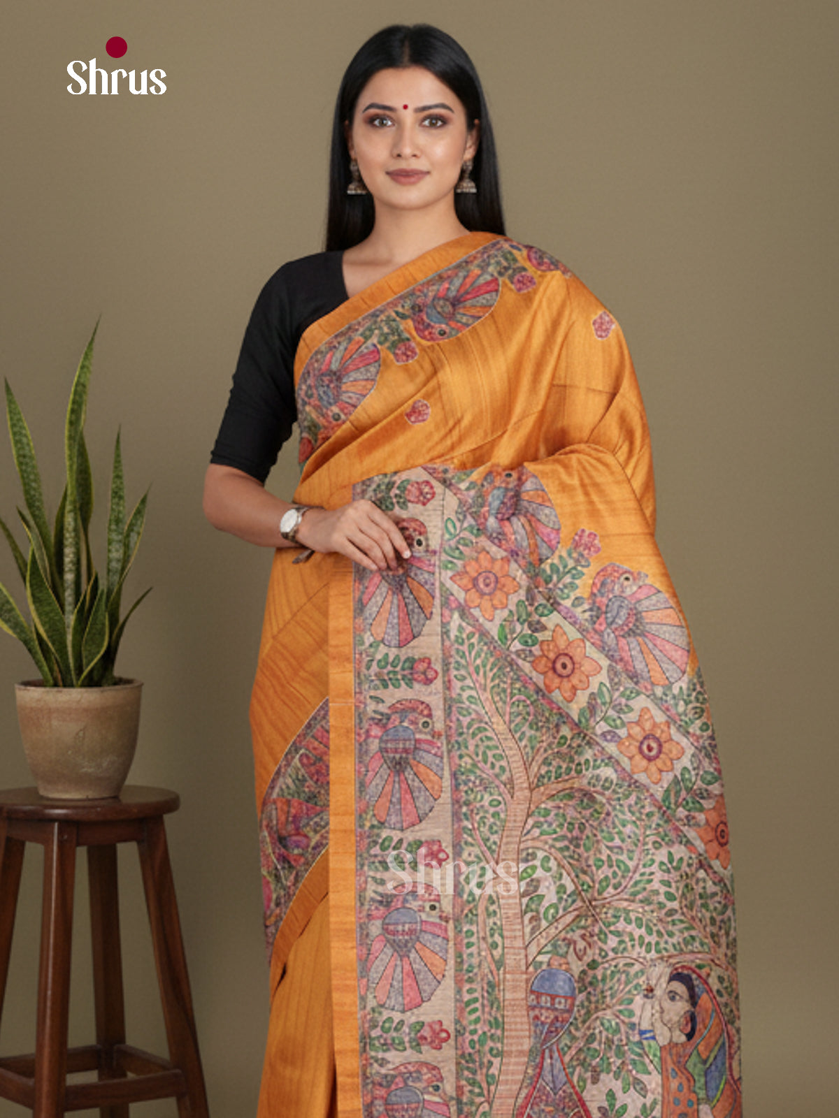 Mustard & Cream- Printed Madhubani Saree