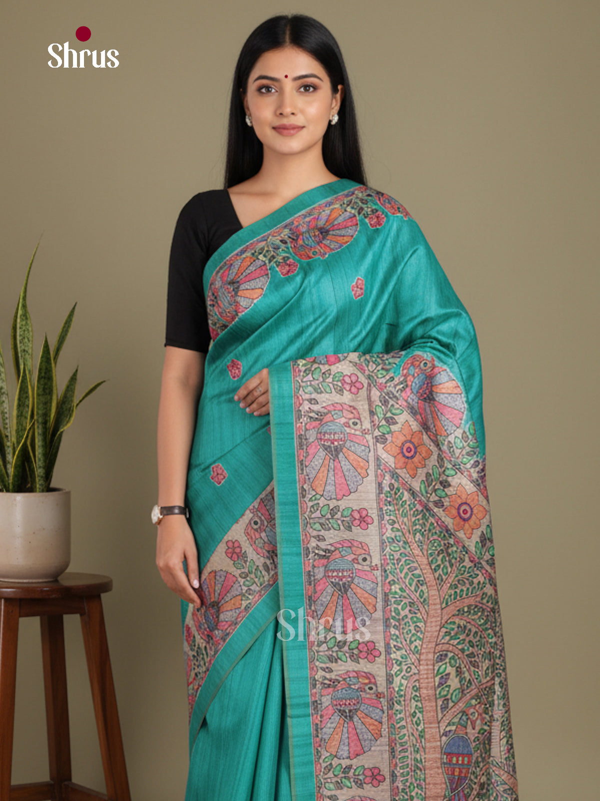 Green & Cream - Printed Madhubani Saree