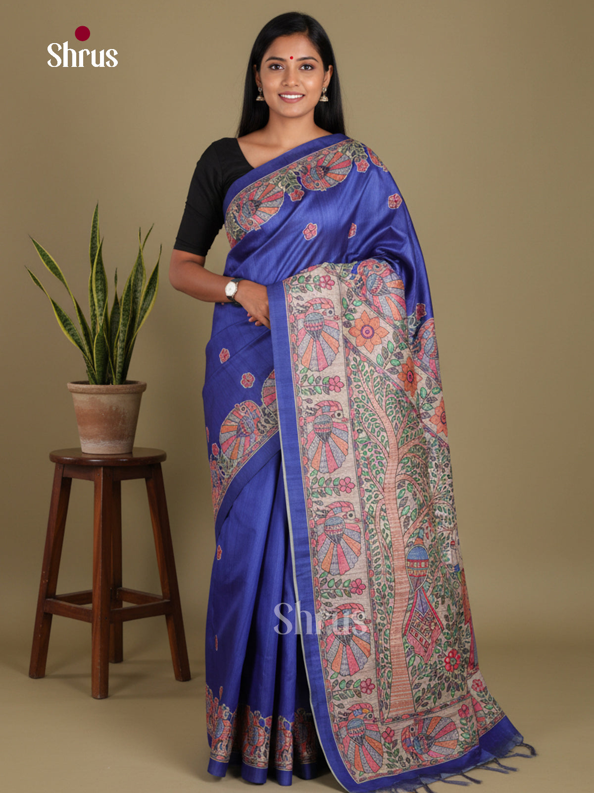 Blue  & Cream - Printed Madhubani Saree