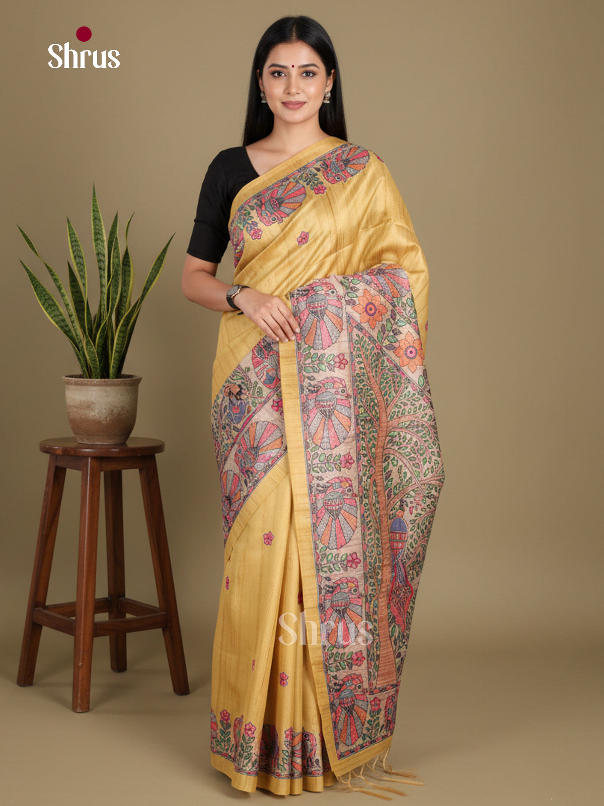 Yellow & Cream - Printed Madhubani Saree