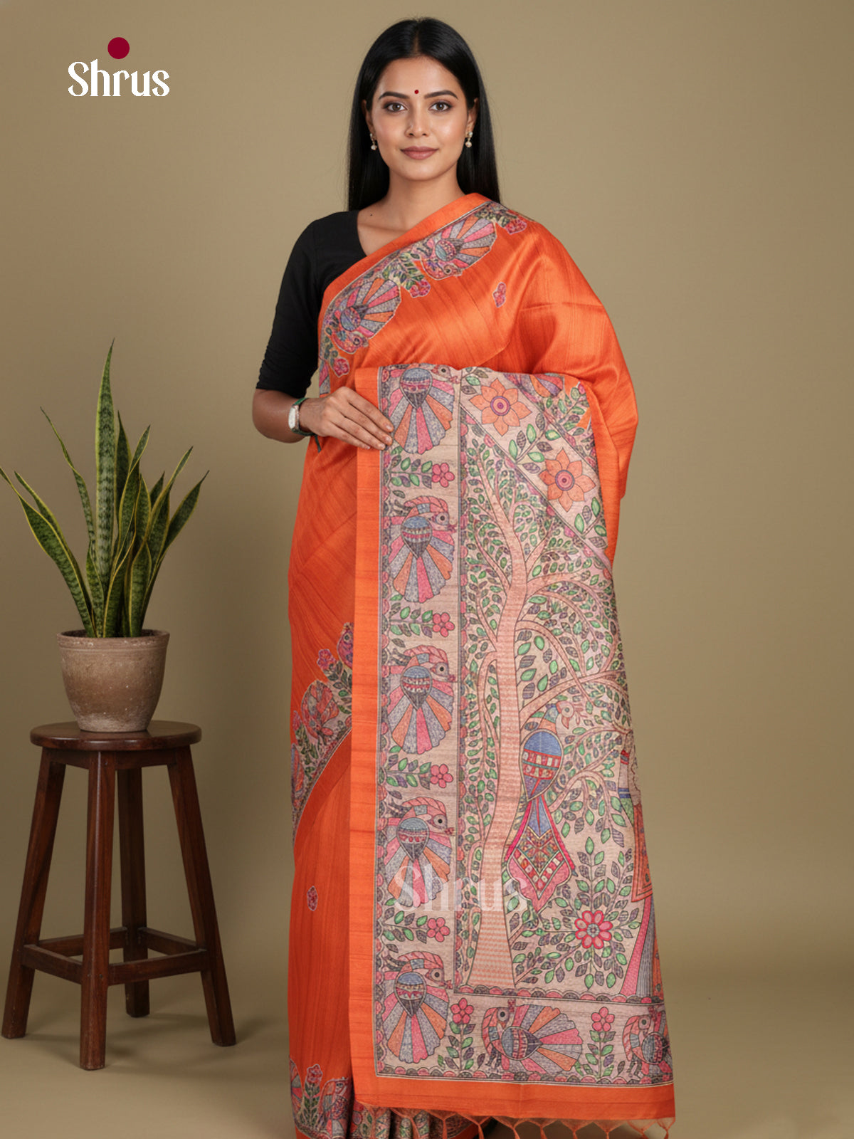 Orange & cream- Printed Madhubani Saree