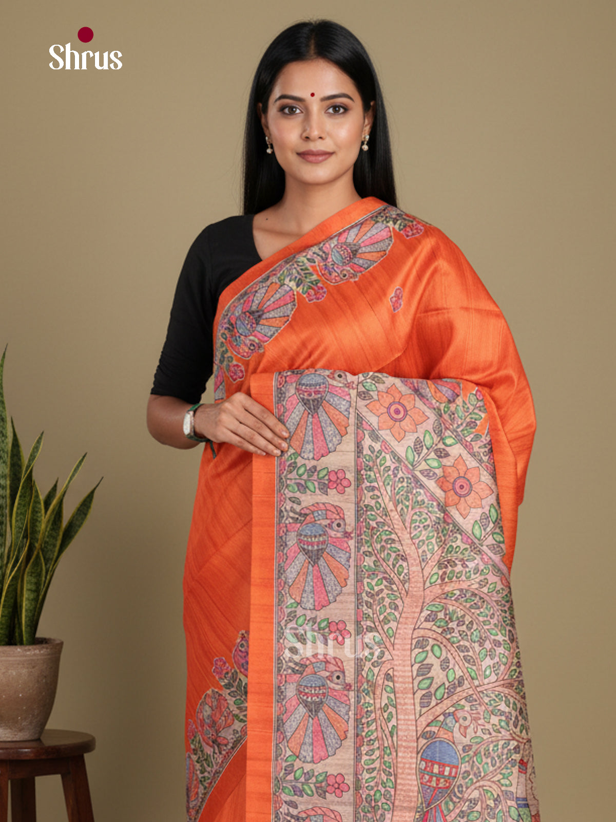 Orange & cream- Printed Madhubani Saree