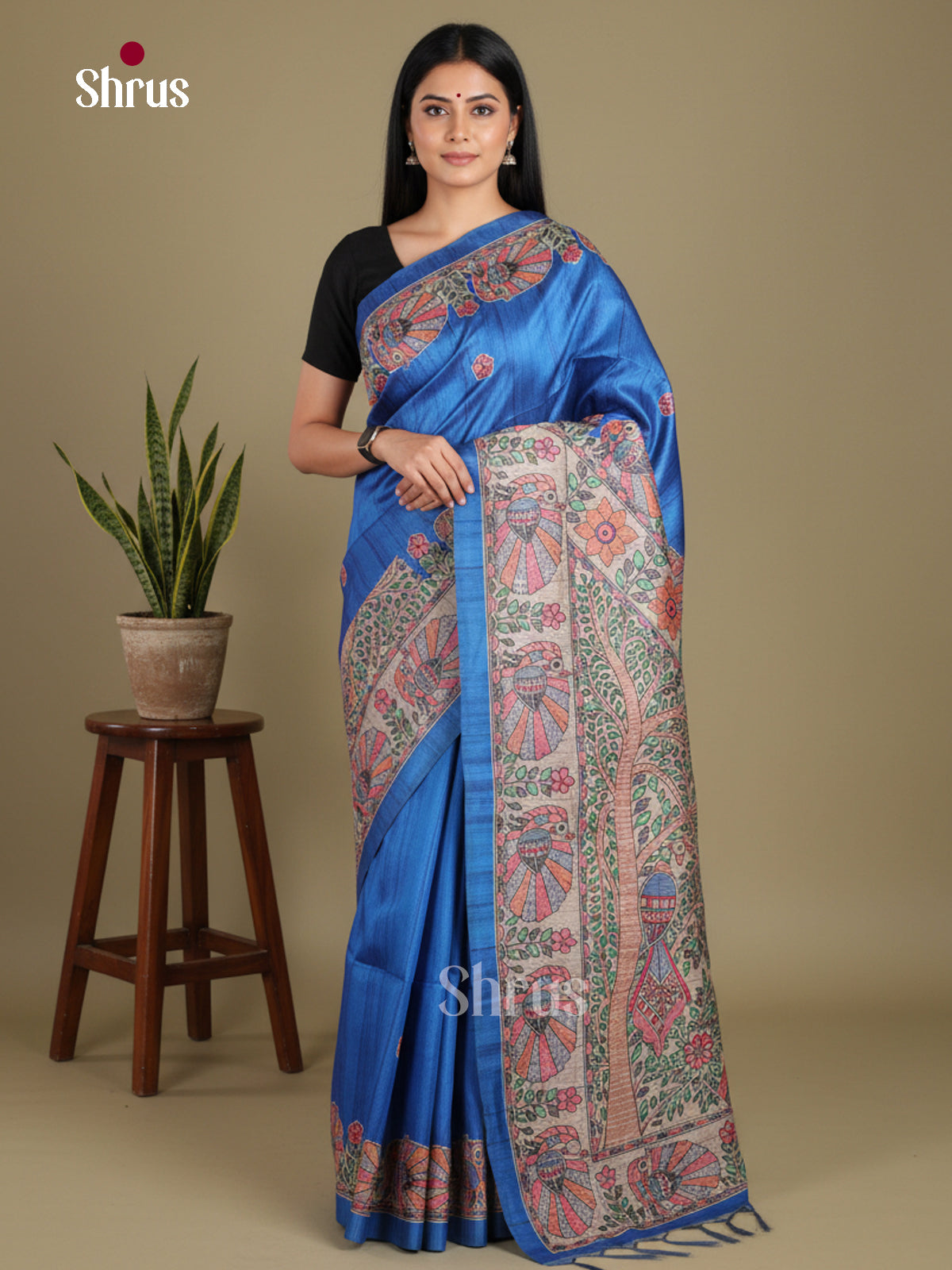 Blue & Cream  - Printed Madhubani Saree