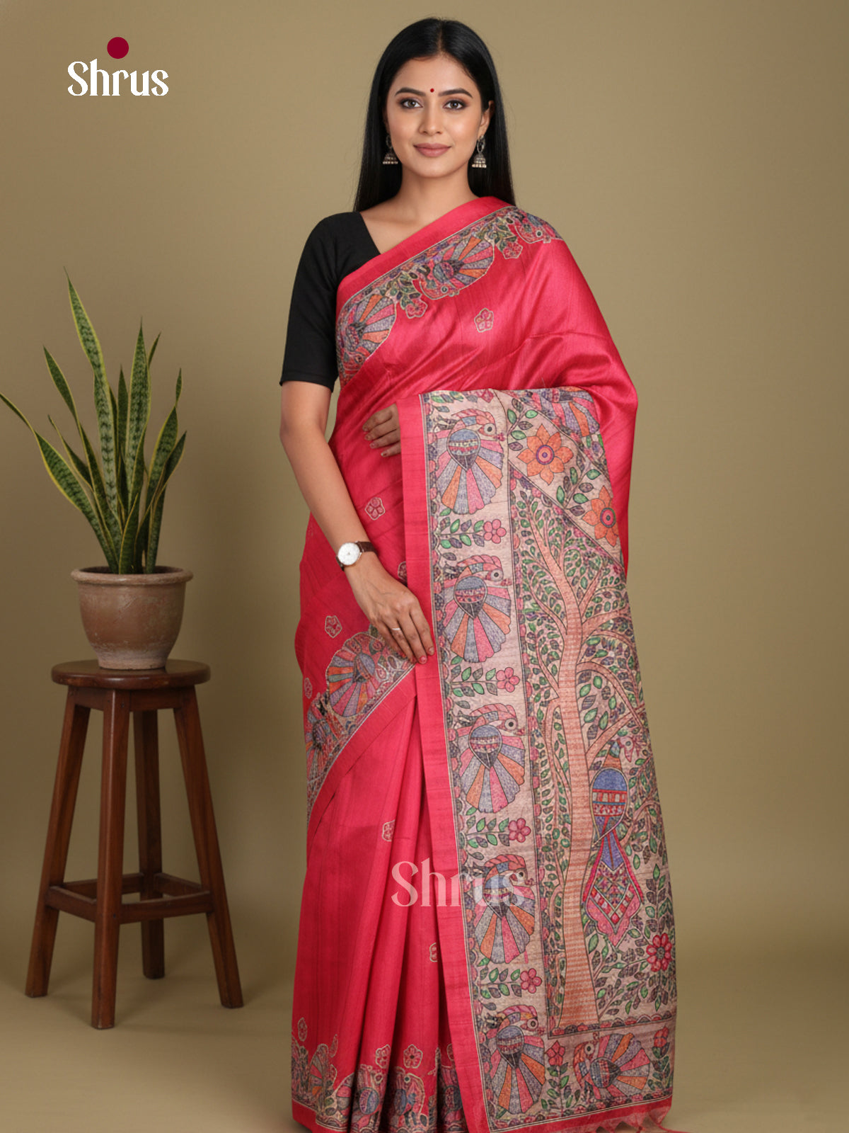 Pink & Cream - Printed Madhubani Saree
