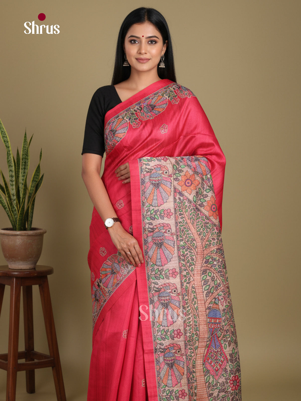 Pink & Cream - Printed Madhubani Saree