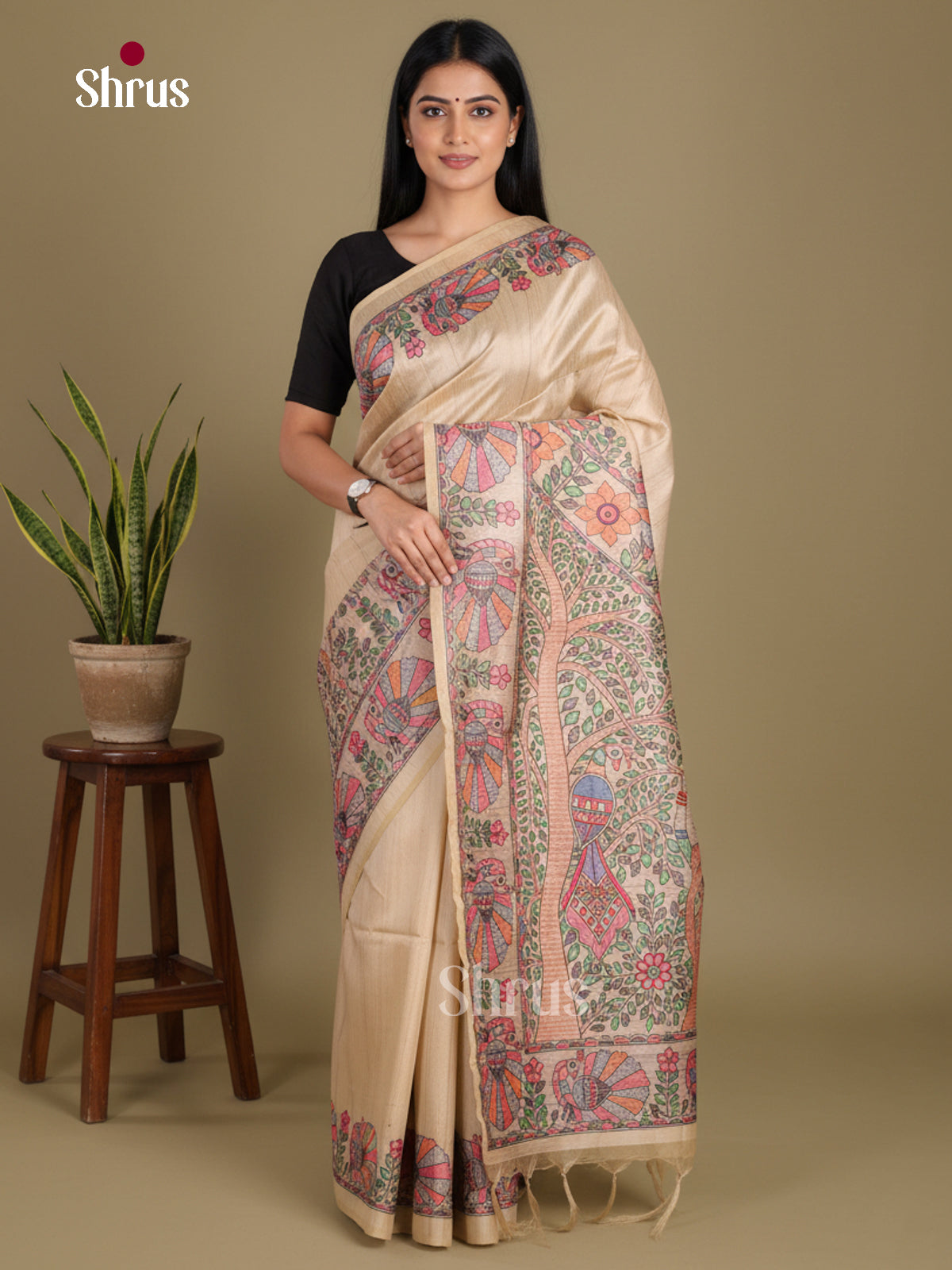 Cream - Printed Madhubani Saree