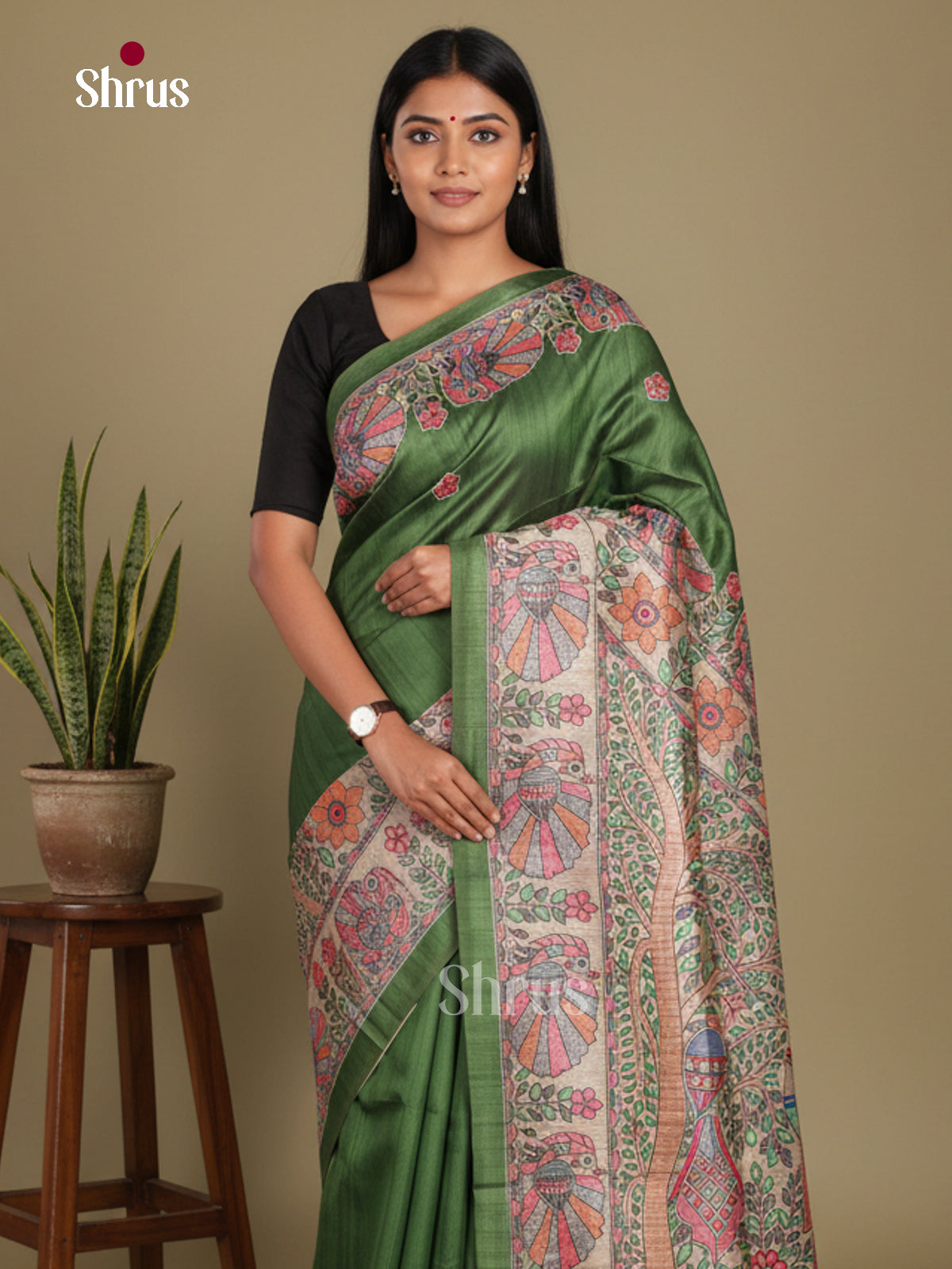 Green & Cream - Printed Madhubani Saree