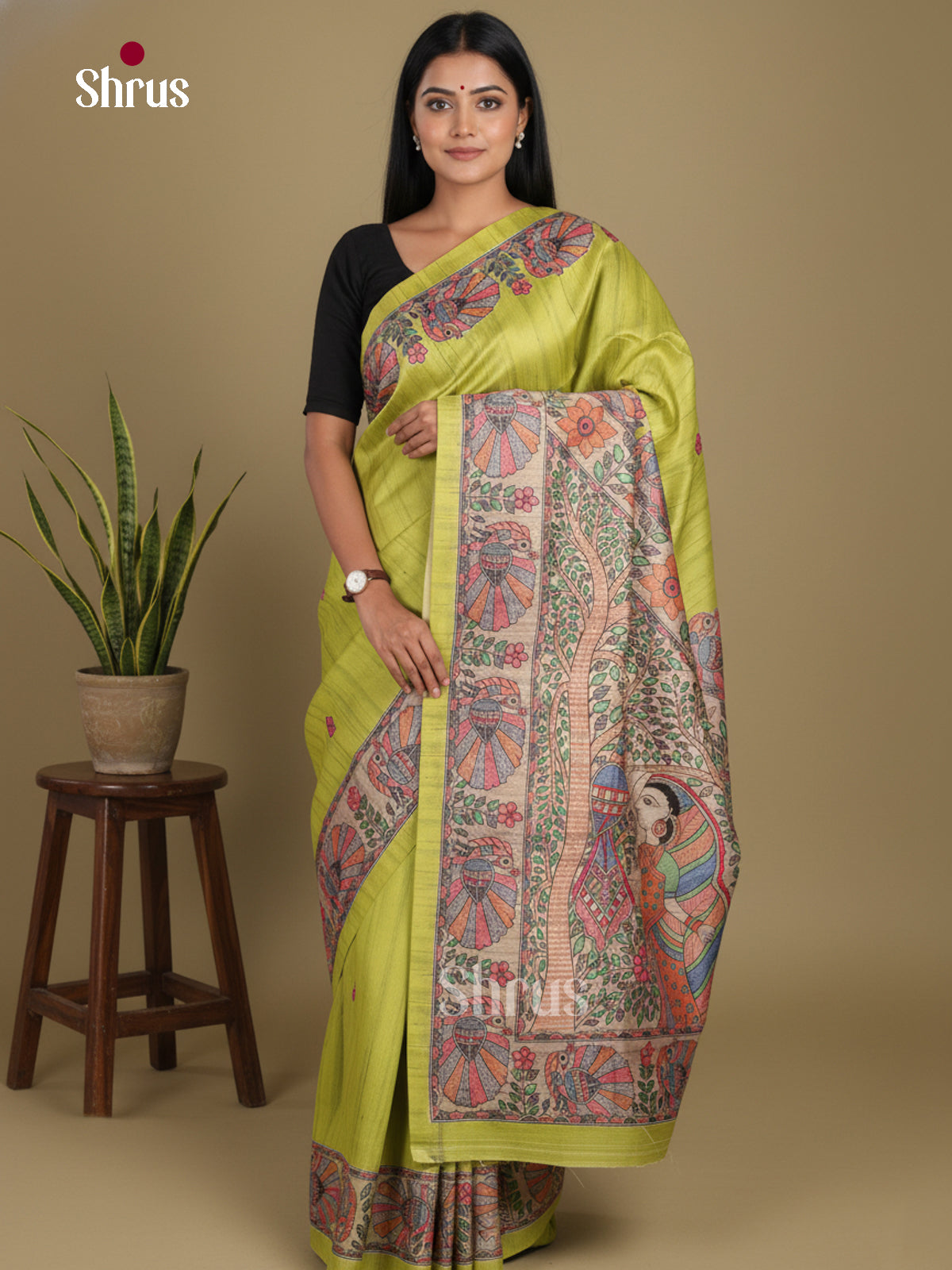 Lime Green & Cream - Printed Madhubani Saree