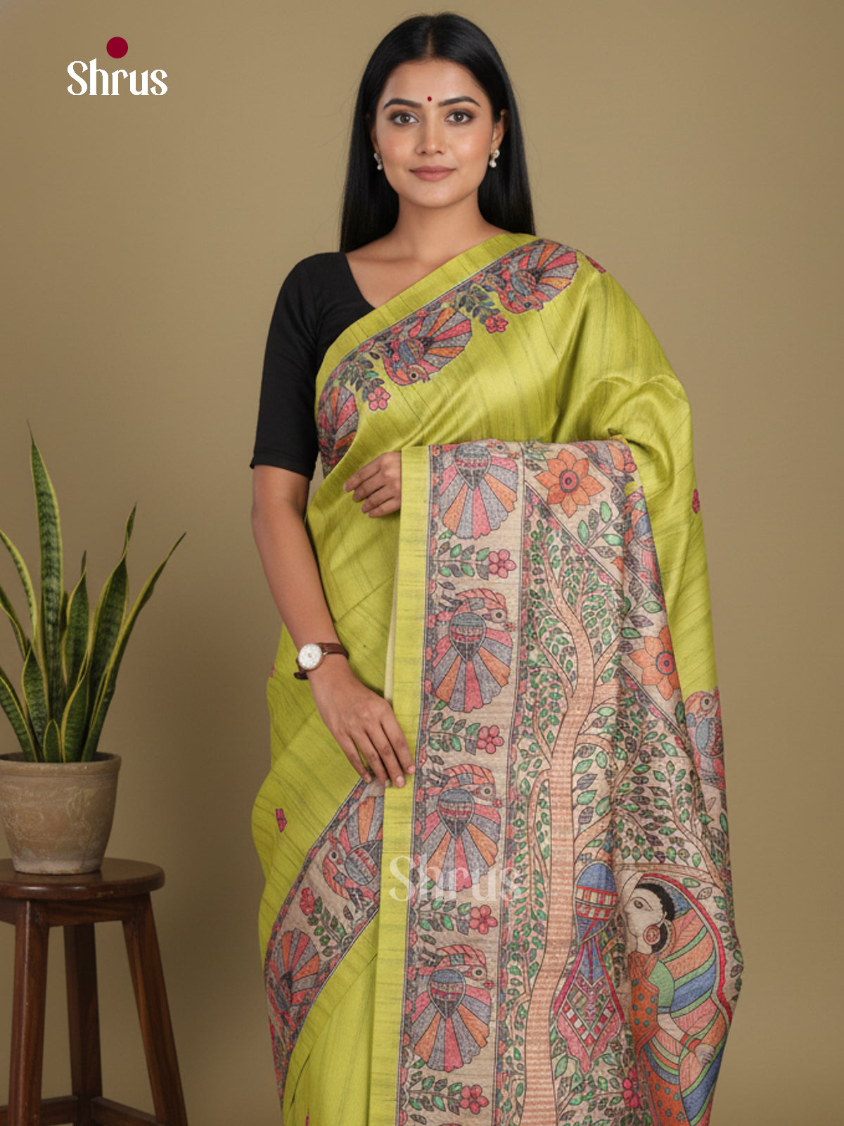 Lime Green & Cream - Printed Madhubani Saree