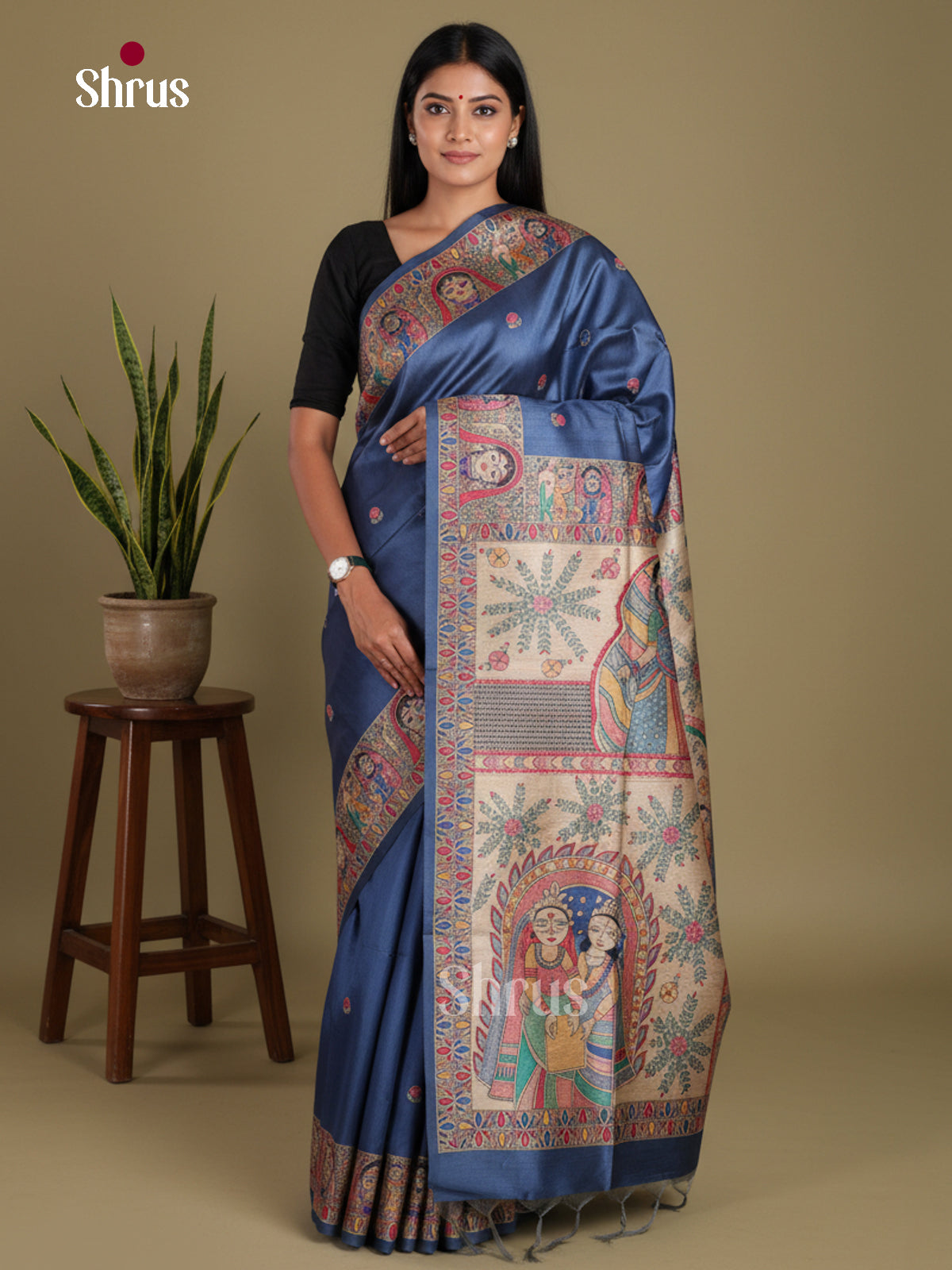 Blue & Cream - Printed Madhubani Saree