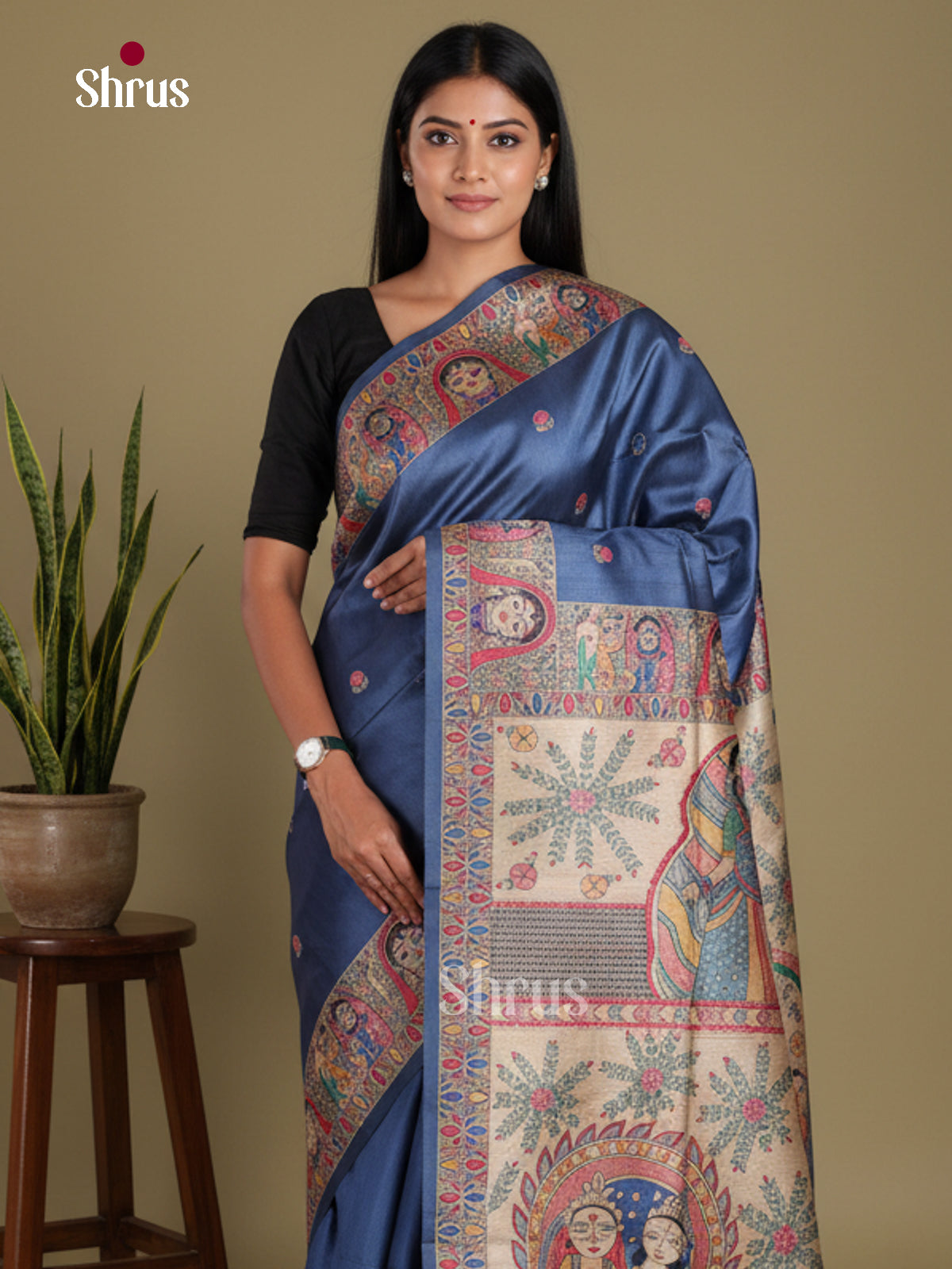 Blue & Cream - Printed Madhubani Saree