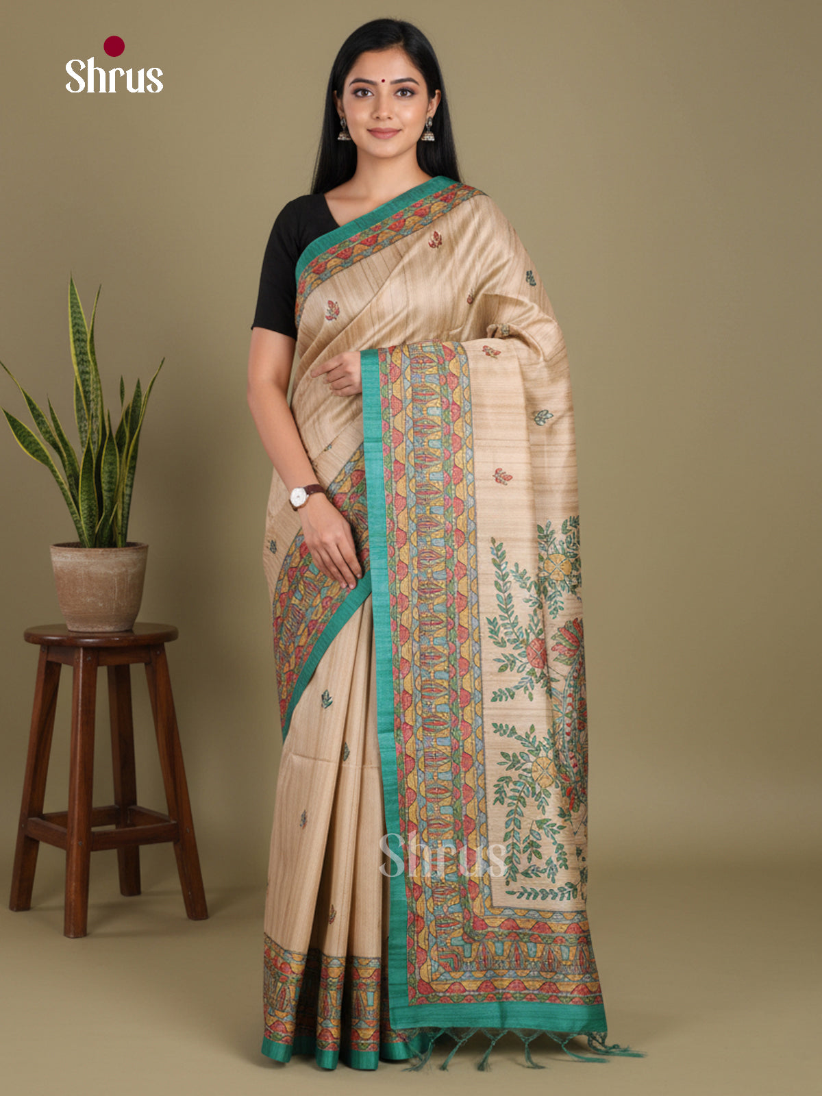Cream & Green - Printed Madhubani Saree