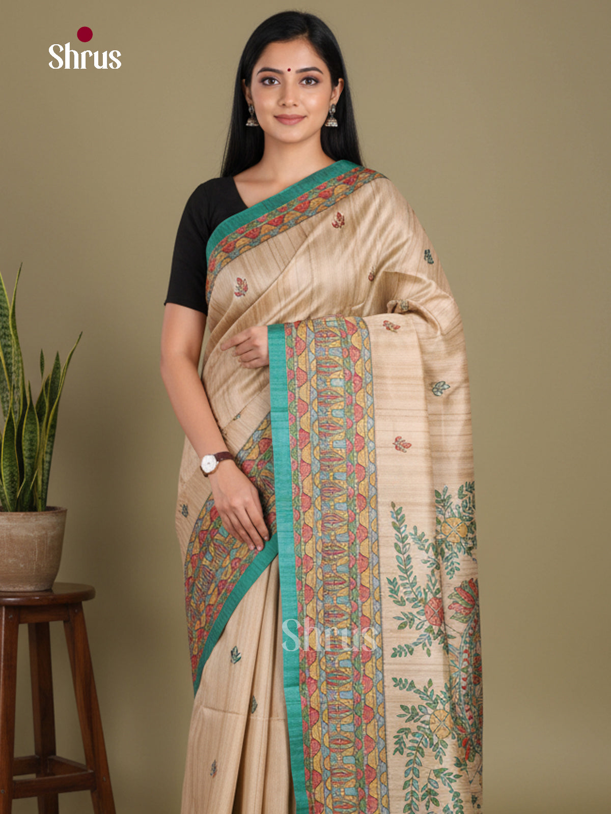 Cream & Green - Printed Madhubani Saree