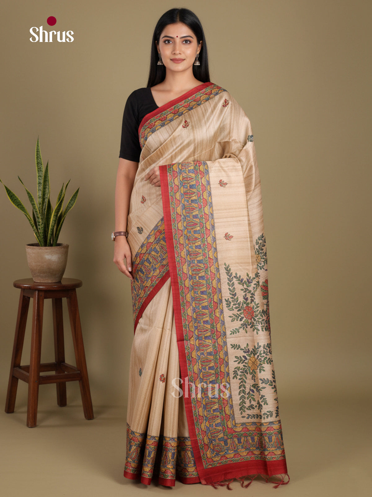 Cream & Red- Printed Madhubani Saree