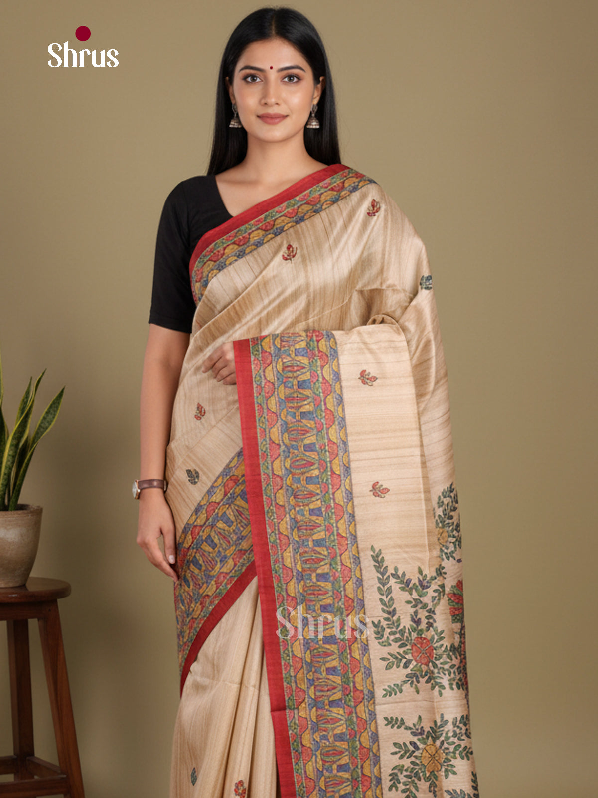 Cream & Red- Printed Madhubani Saree