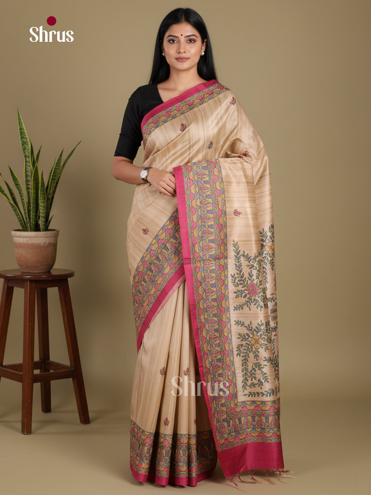 Cream & Pink- Printed Madhubani Saree