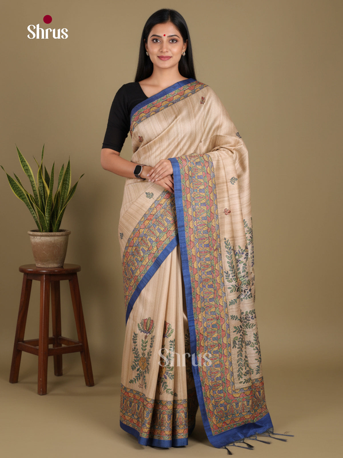 Cream & Blue - Printed Madhubani Saree