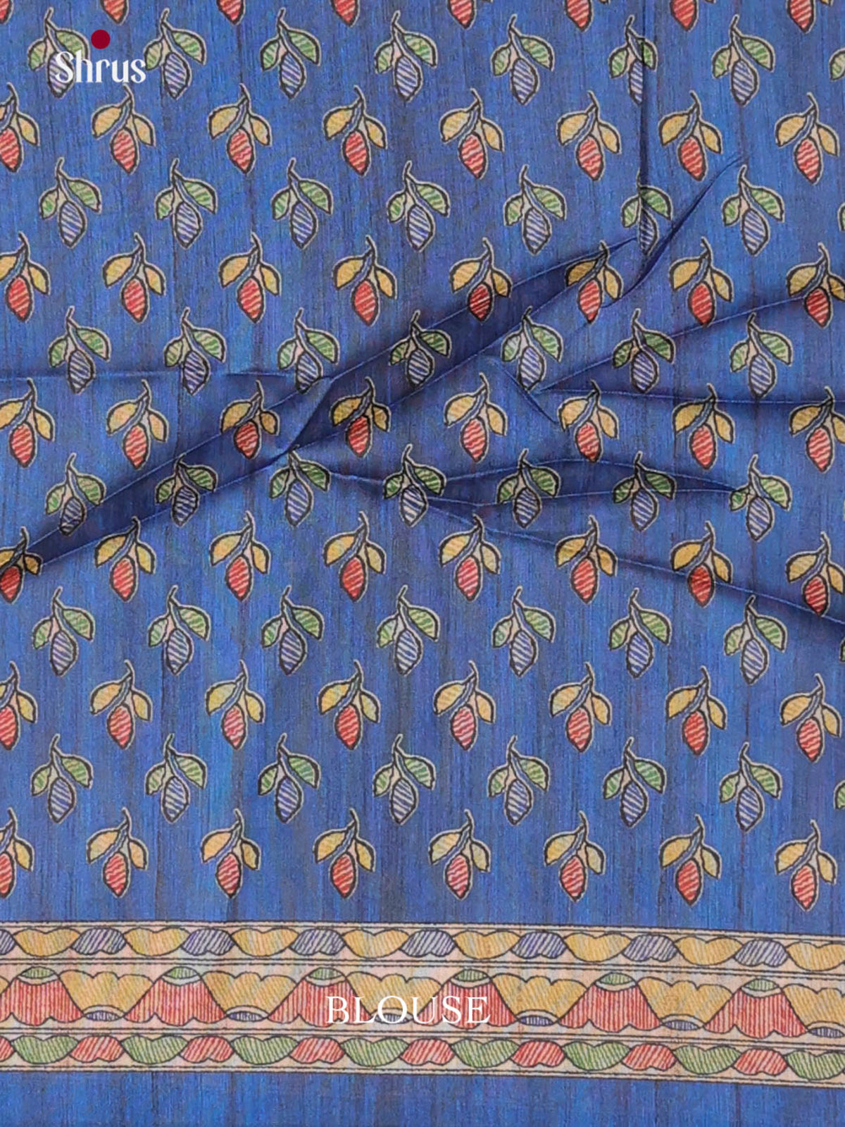 Cream & Blue - Printed Madhubani Saree