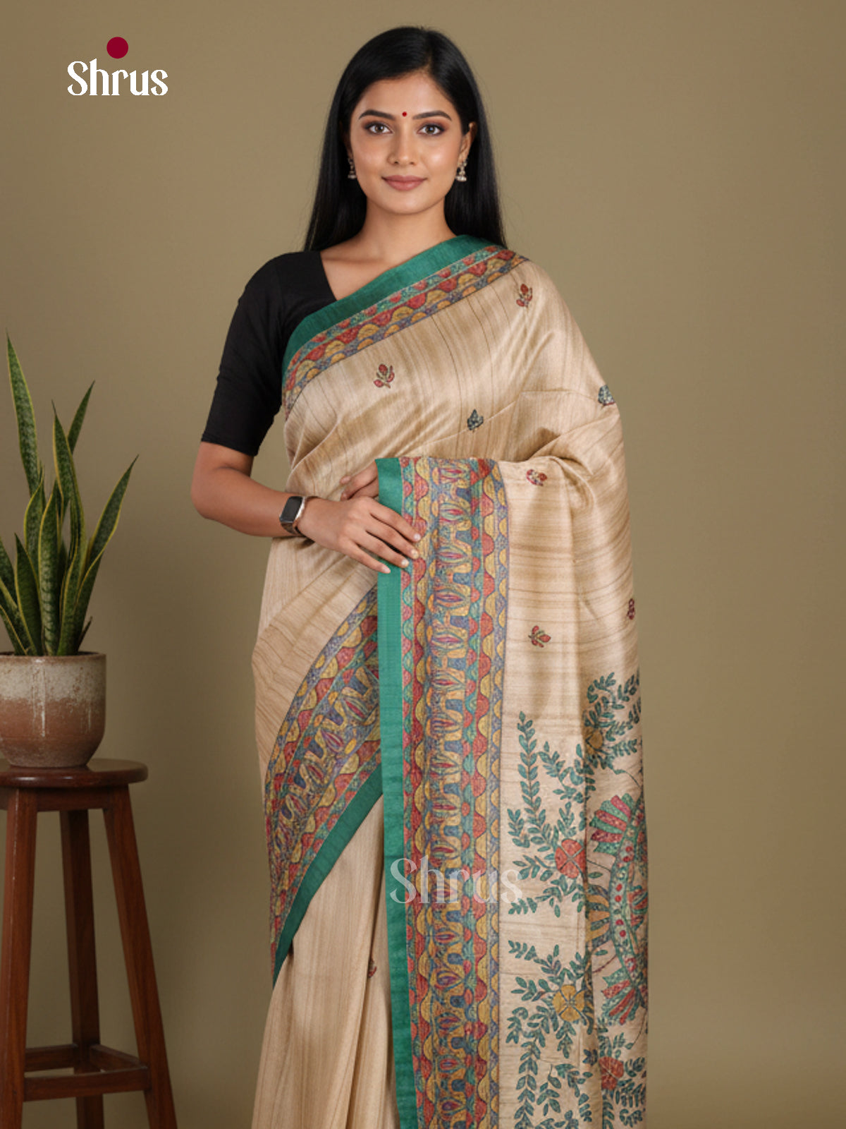 Cream & Green - Printed Madhubani Saree