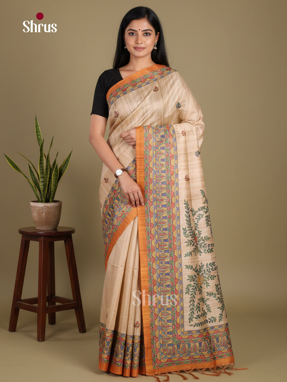 Cream & Brick - Printed Madhubani Saree