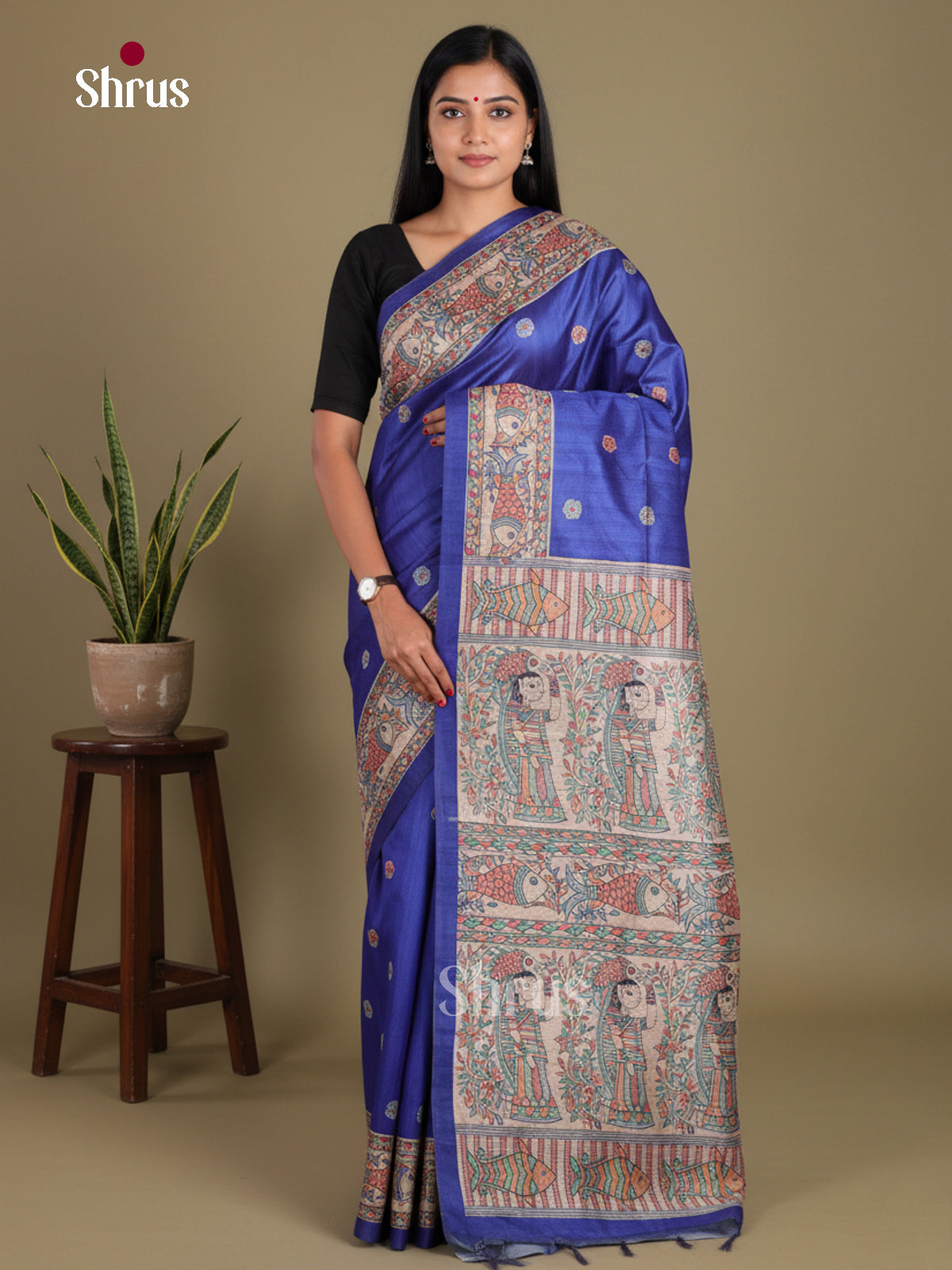 Blue & Cream - Printed Madhubani Saree