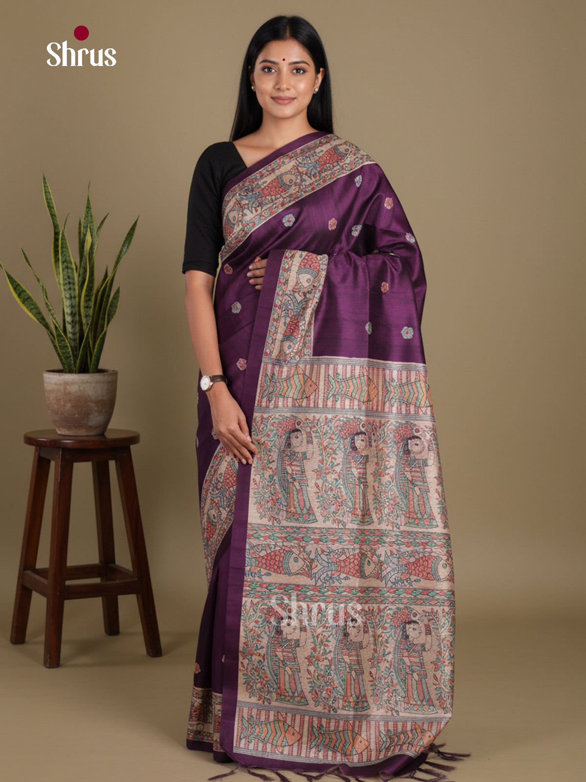 Violet & Cream - Printed Madhubani Saree