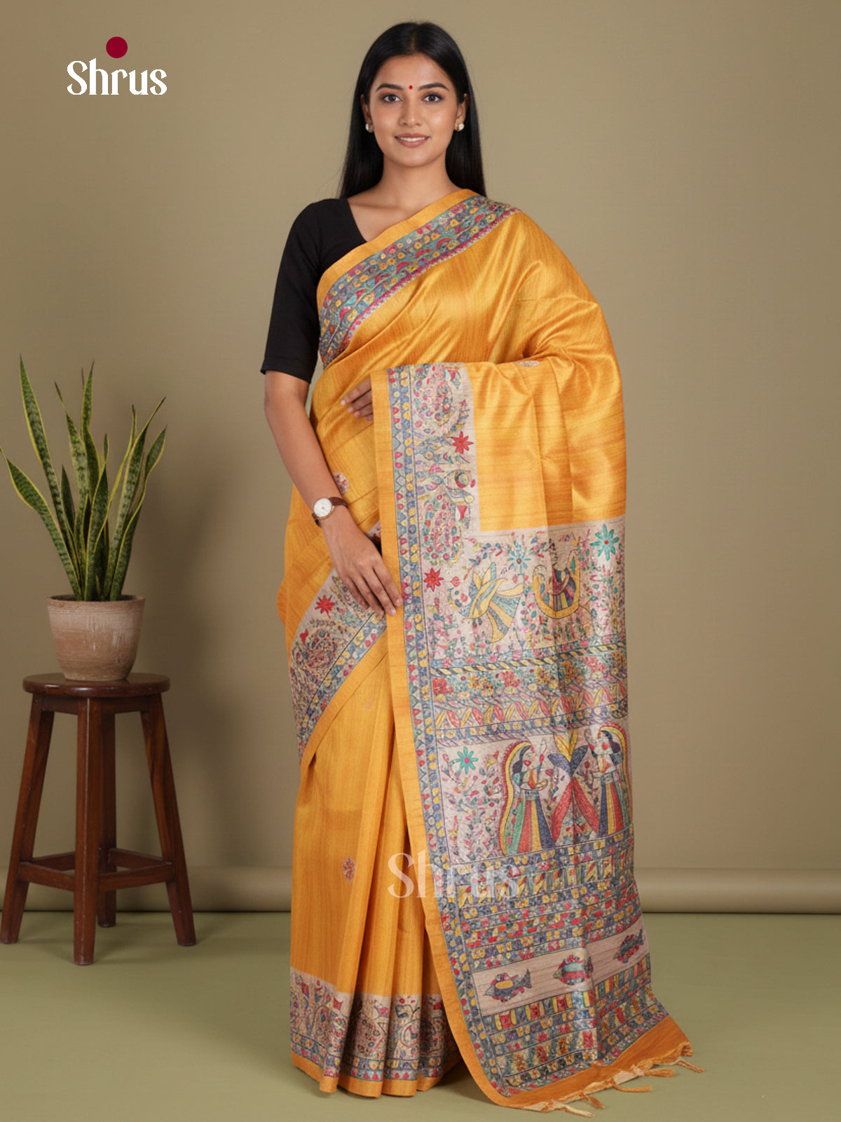 Yellow & Cream - Printed Madhubani Saree