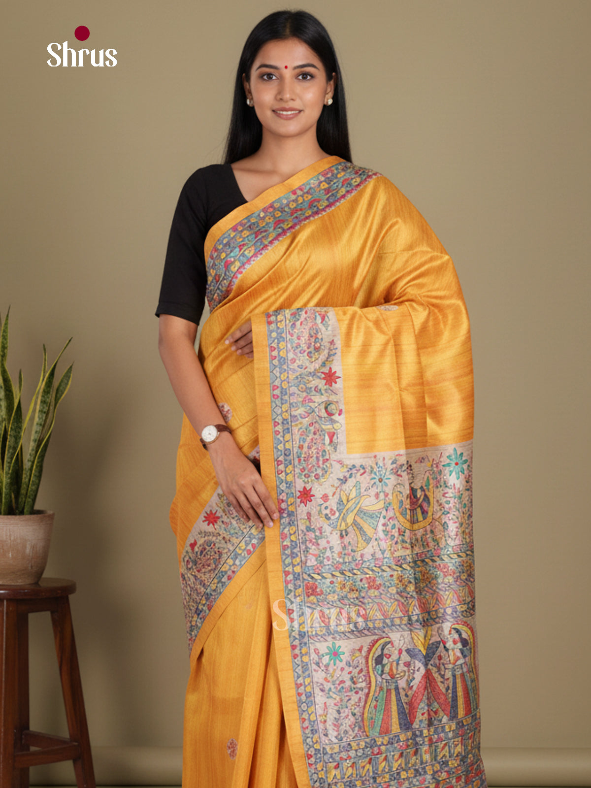 Yellow & Cream - Printed Madhubani Saree