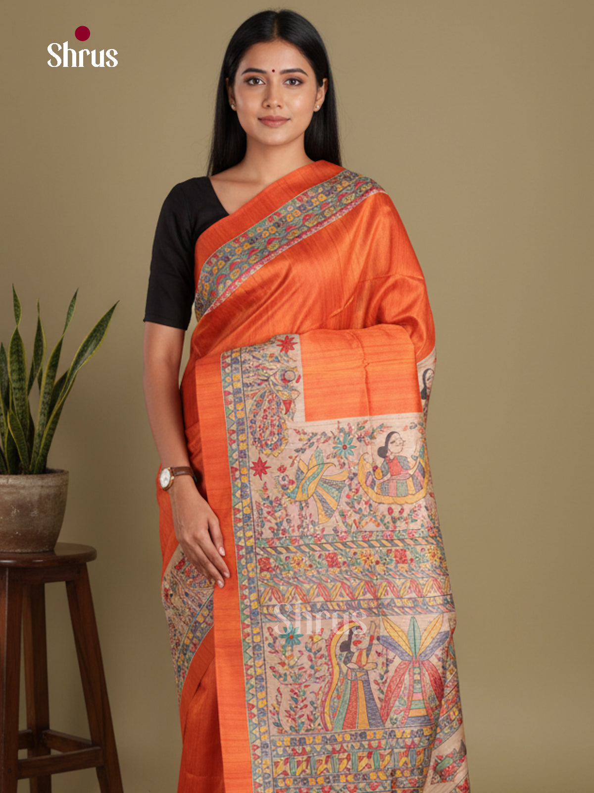 Orange & Cream - Printed Madhubani Saree