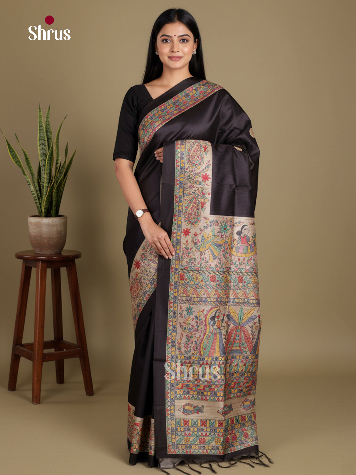 Black  - Printed Madhubani Saree