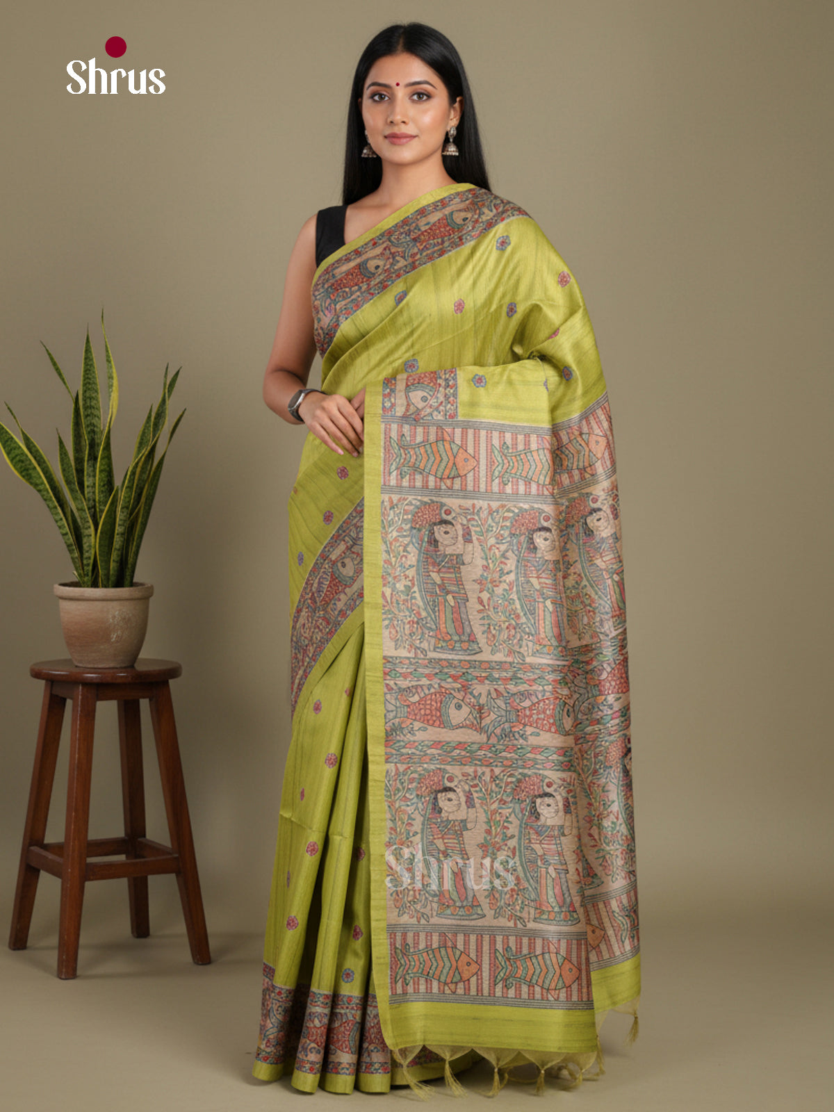 Mehandi Green & Cream - Printed Madhubani Saree