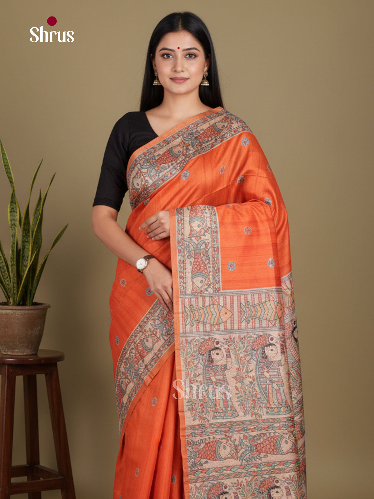 Orange & Cream - Printed Madhubani Saree