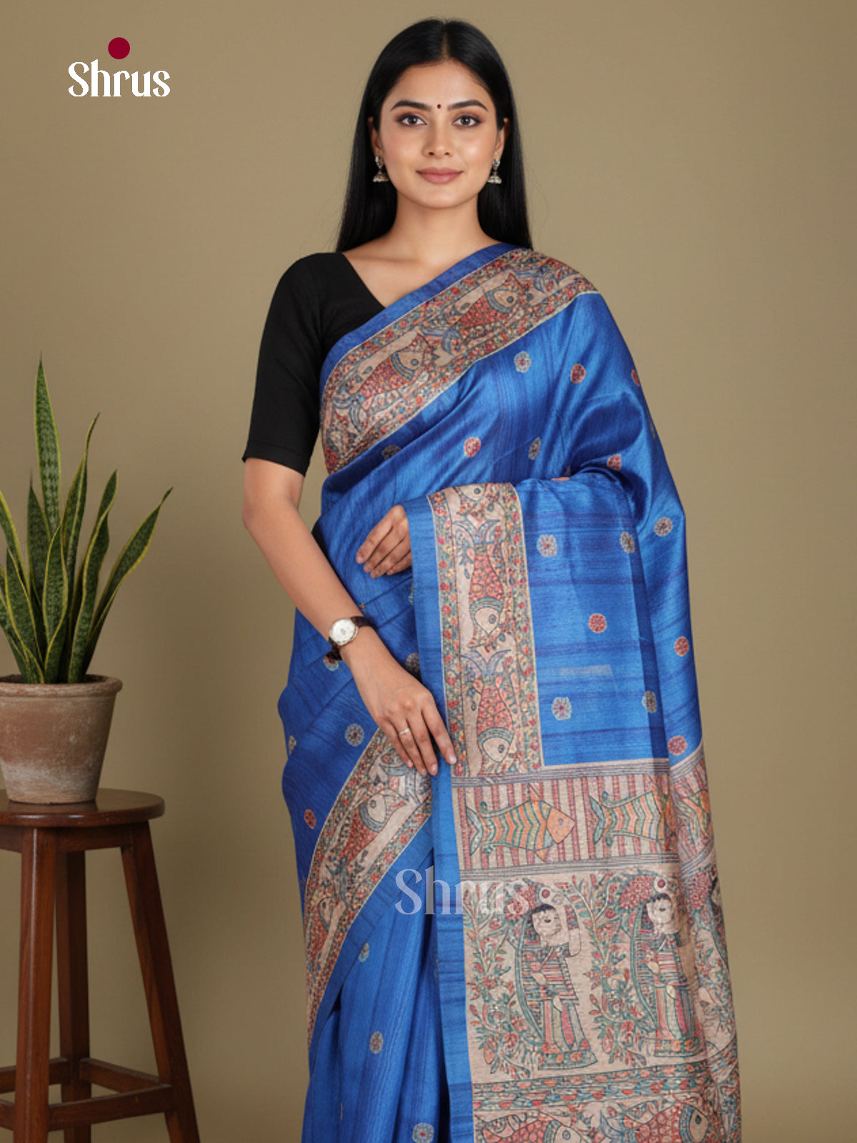 Blue & Cream - Printed Madhubani Saree