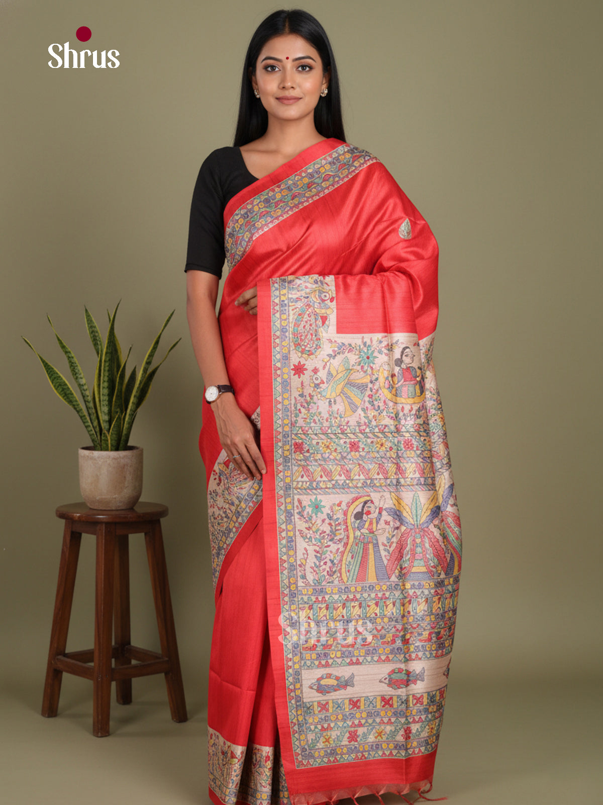 Red & Cream - Printed Madhubani Saree