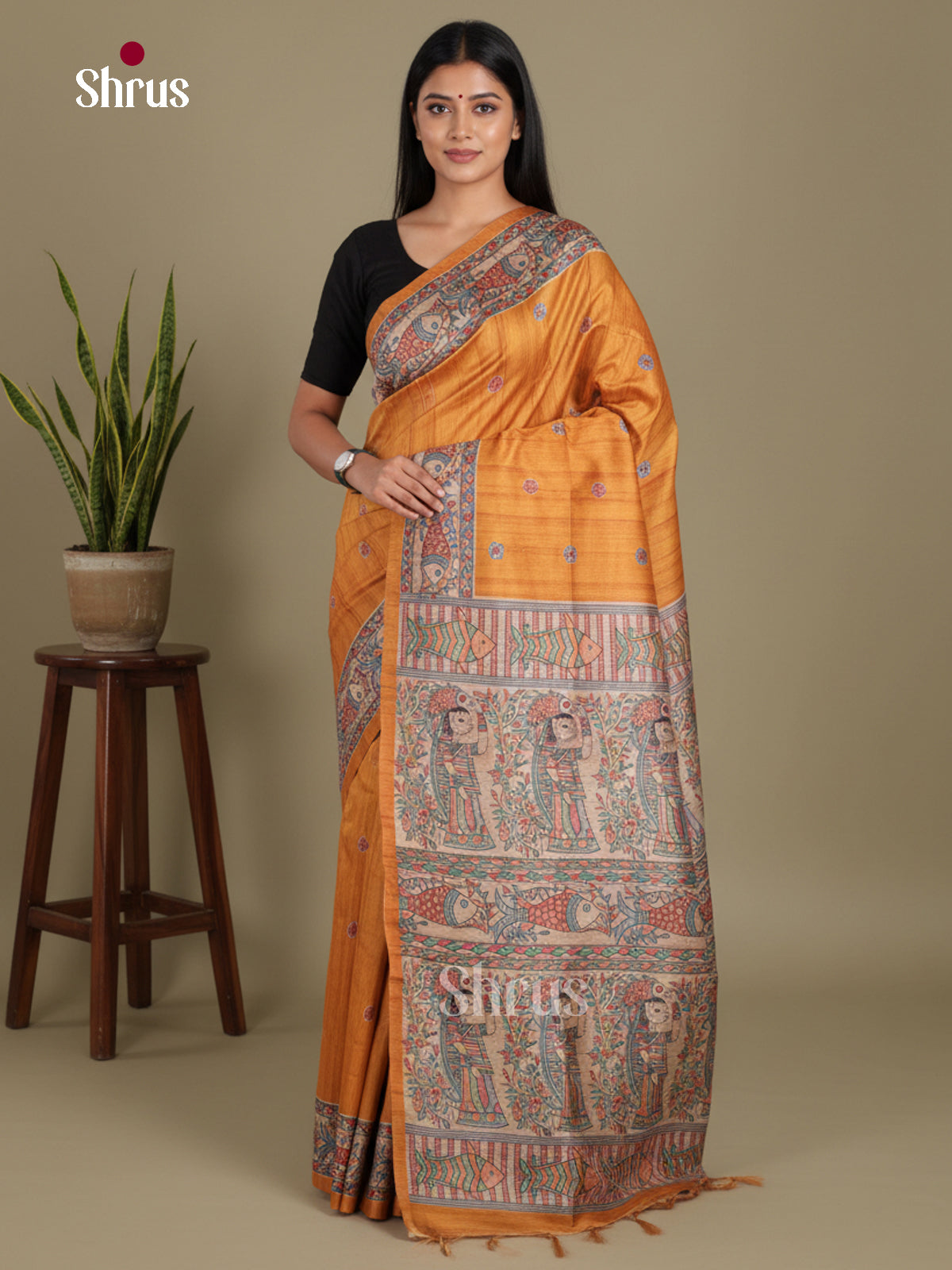 Mustard & Cream - Printed Madhubani Saree