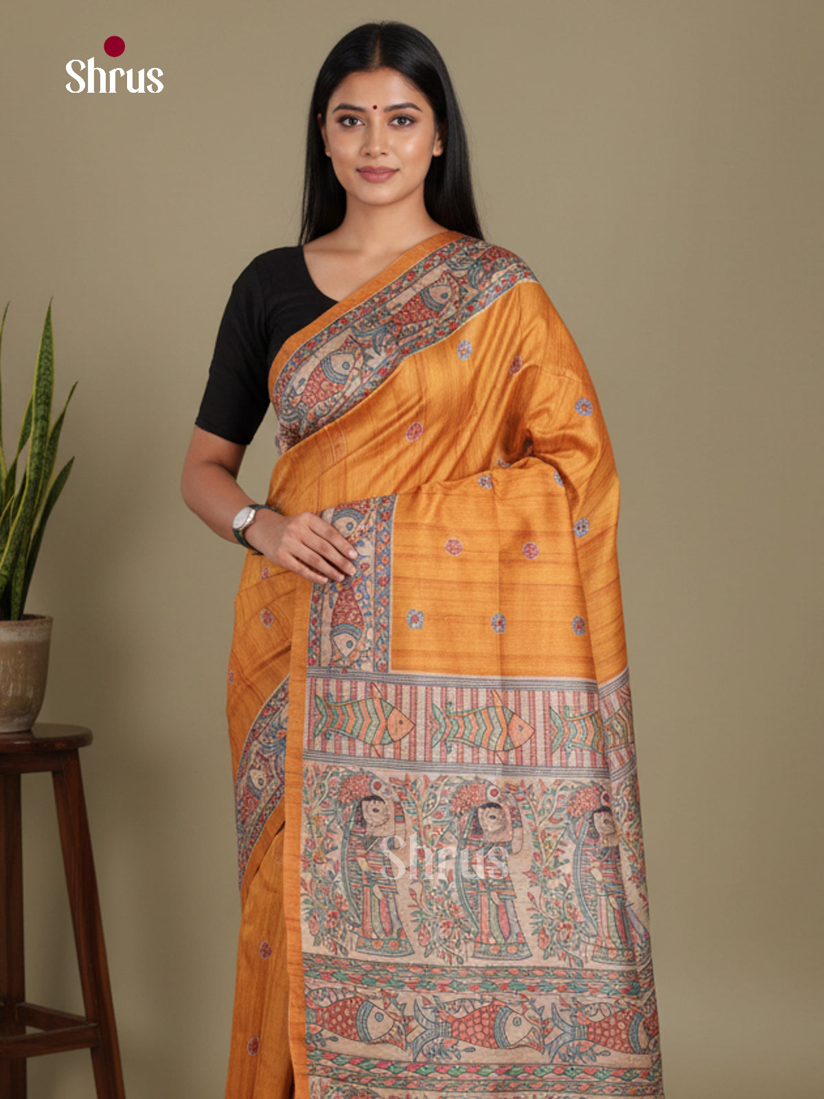 Mustard & Cream - Printed Madhubani Saree