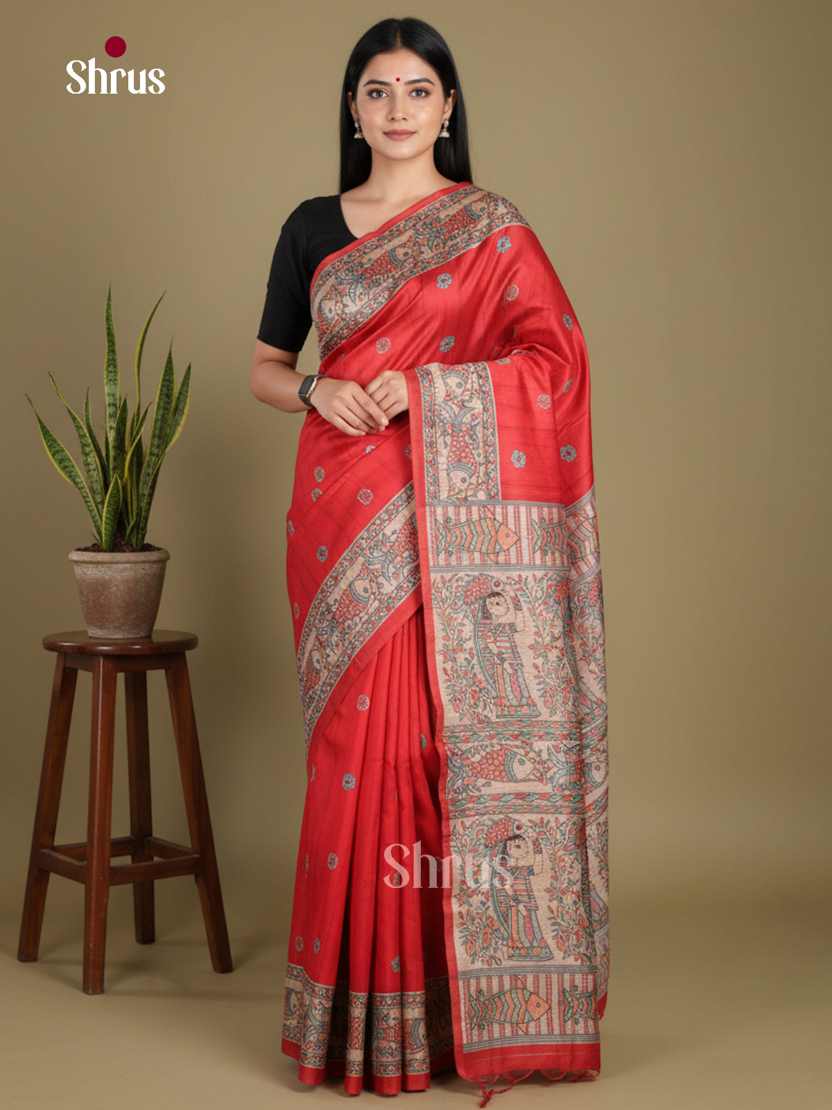 Red & Cream - Printed Madhubani Saree