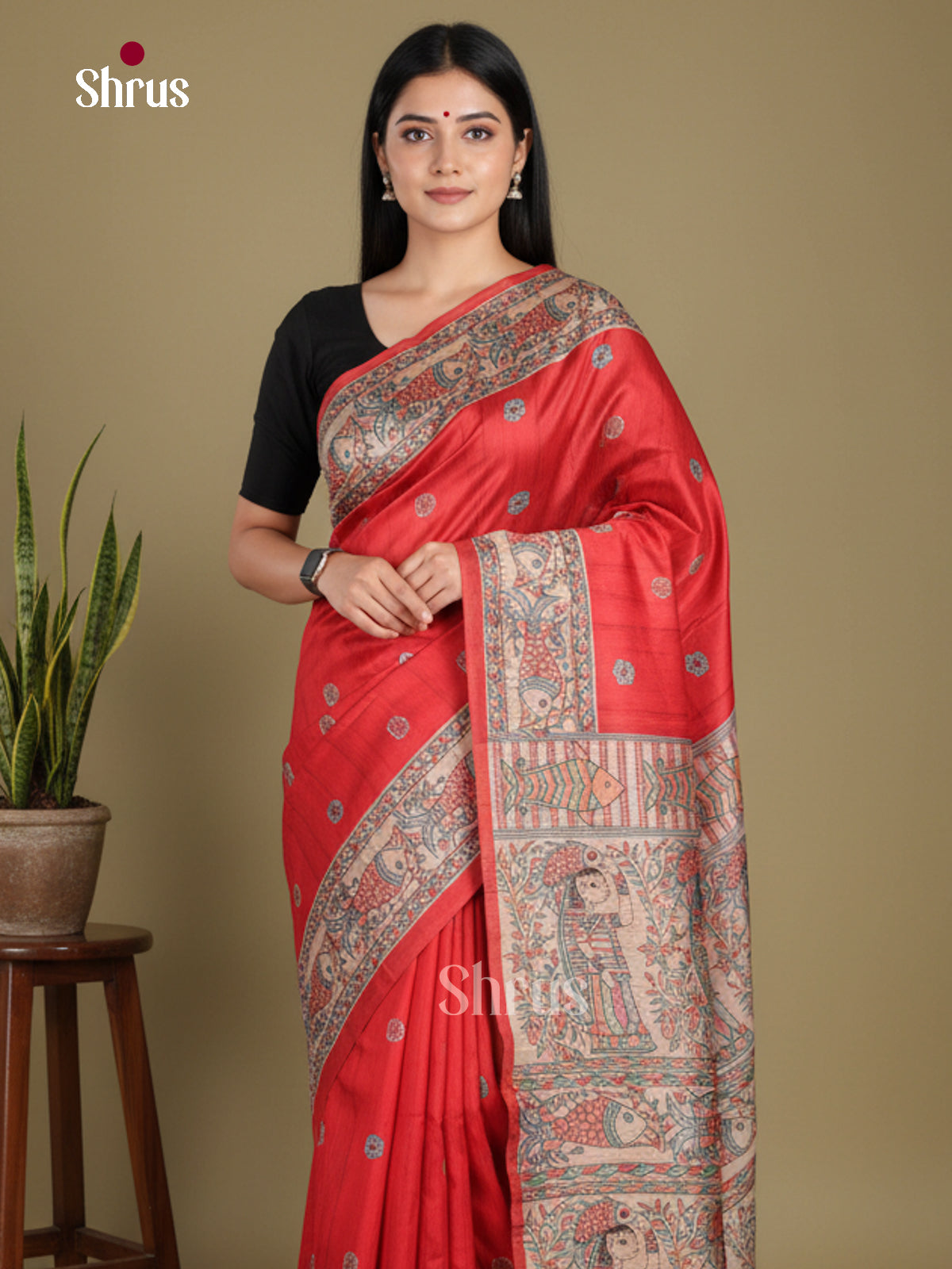 Red & Cream - Printed Madhubani Saree