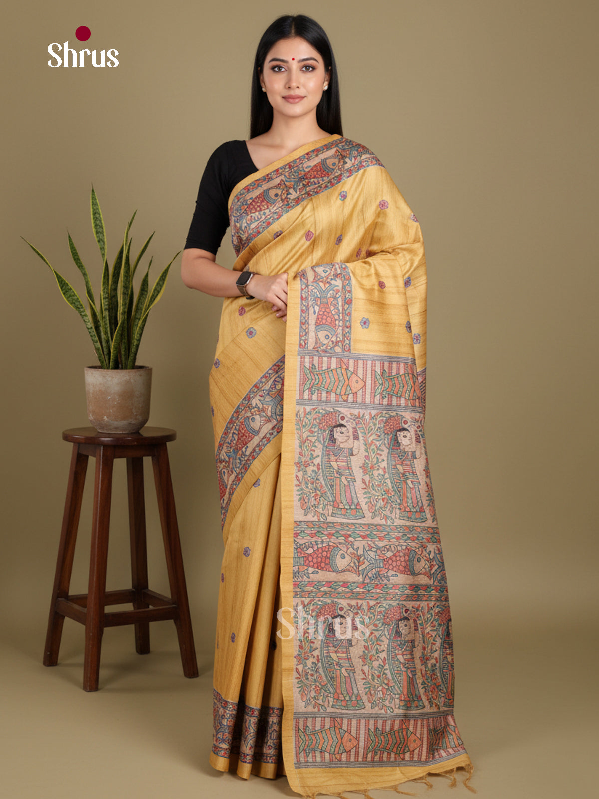 Pale Yellow & Cream- Printed Madhubani Saree