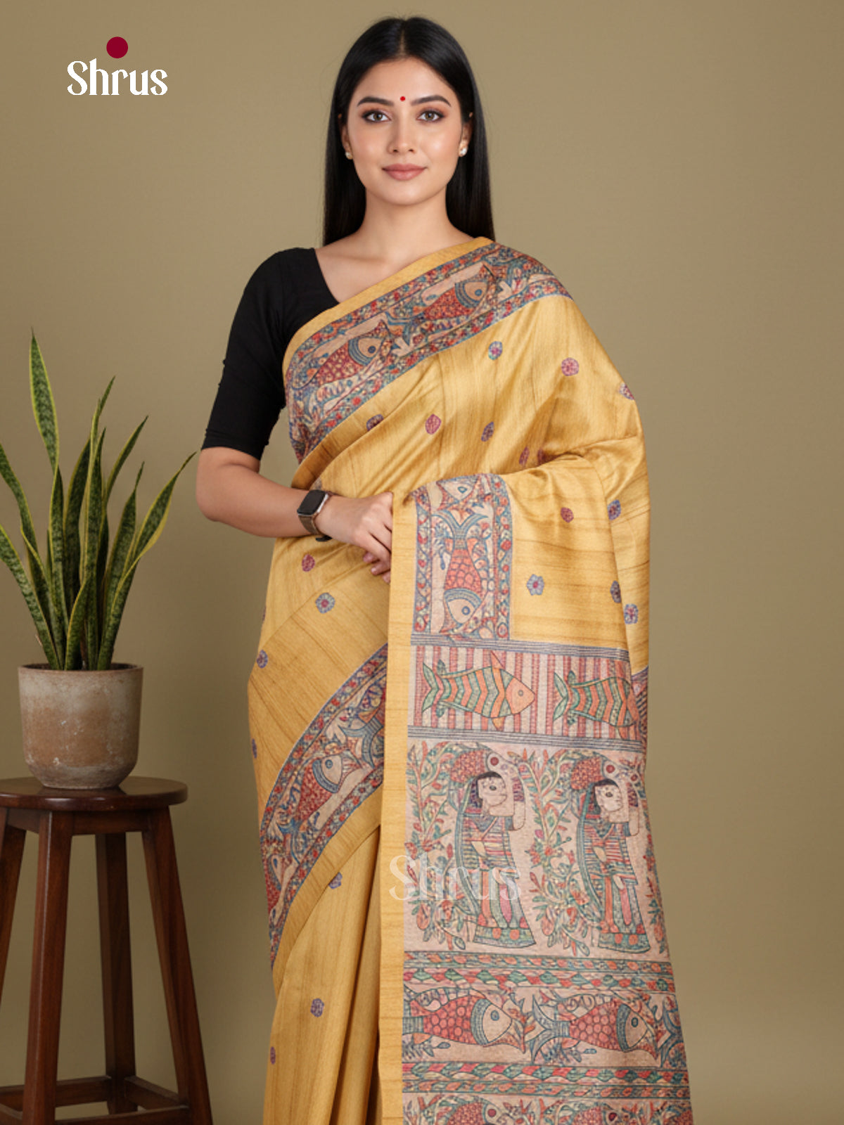 Pale Yellow & Cream- Printed Madhubani Saree