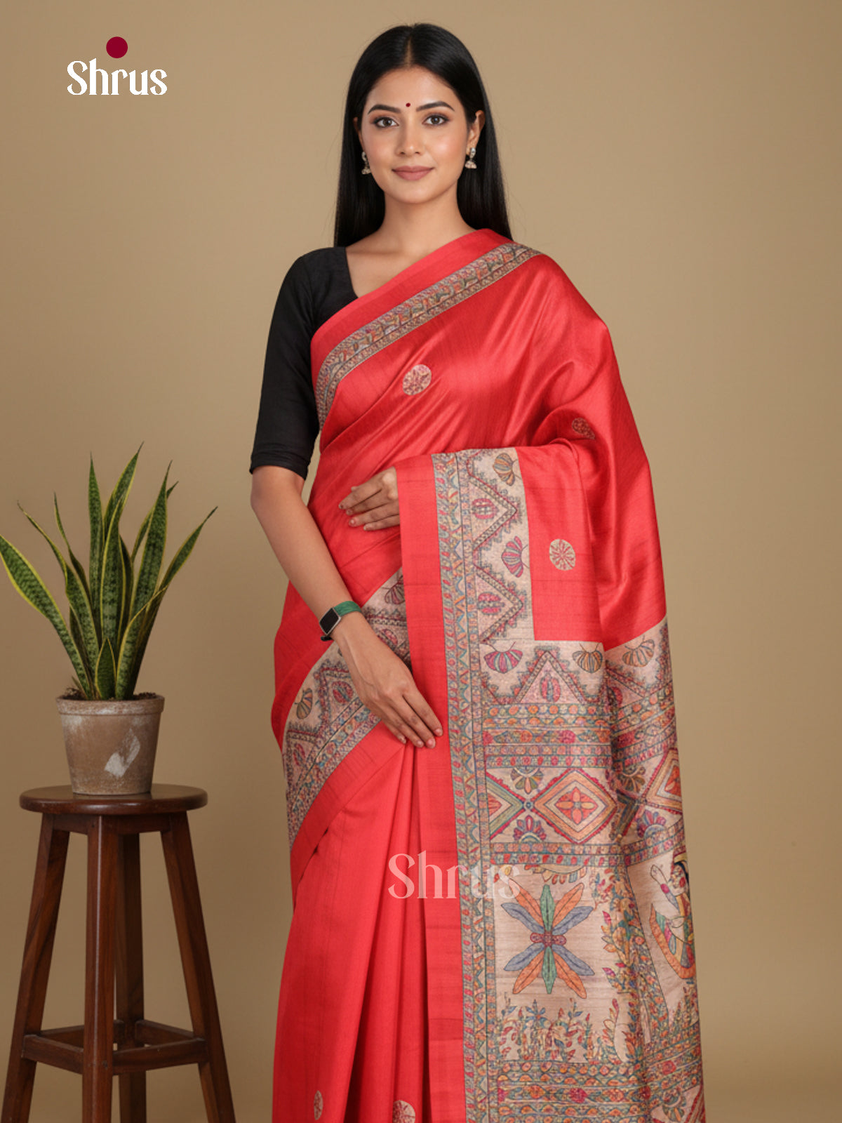 Red & Cream- Printed Madhubani Saree