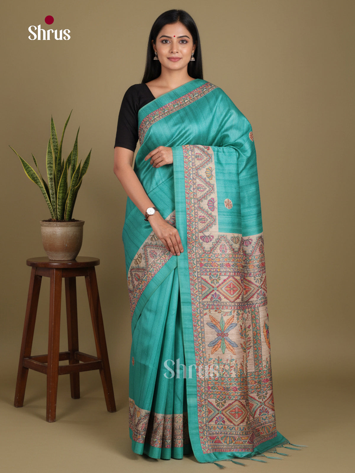 Teal Blue & Cream- Printed Madhubani Saree