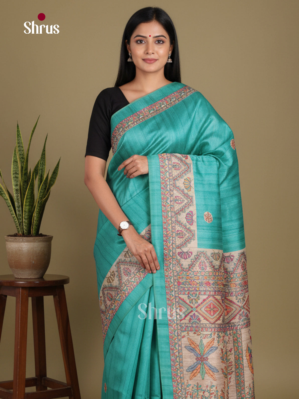 Teal Blue & Cream- Printed Madhubani Saree