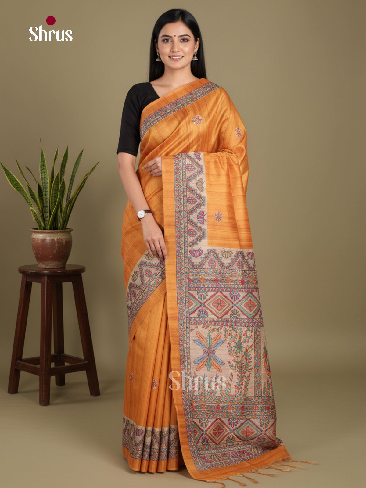 Orange & Cream - Printed Madhubani Saree