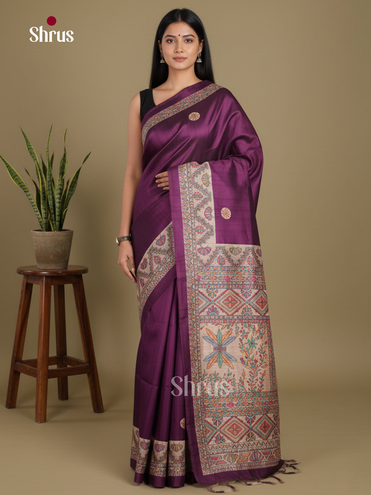 Violet & Cream - Printed Madhubani Saree