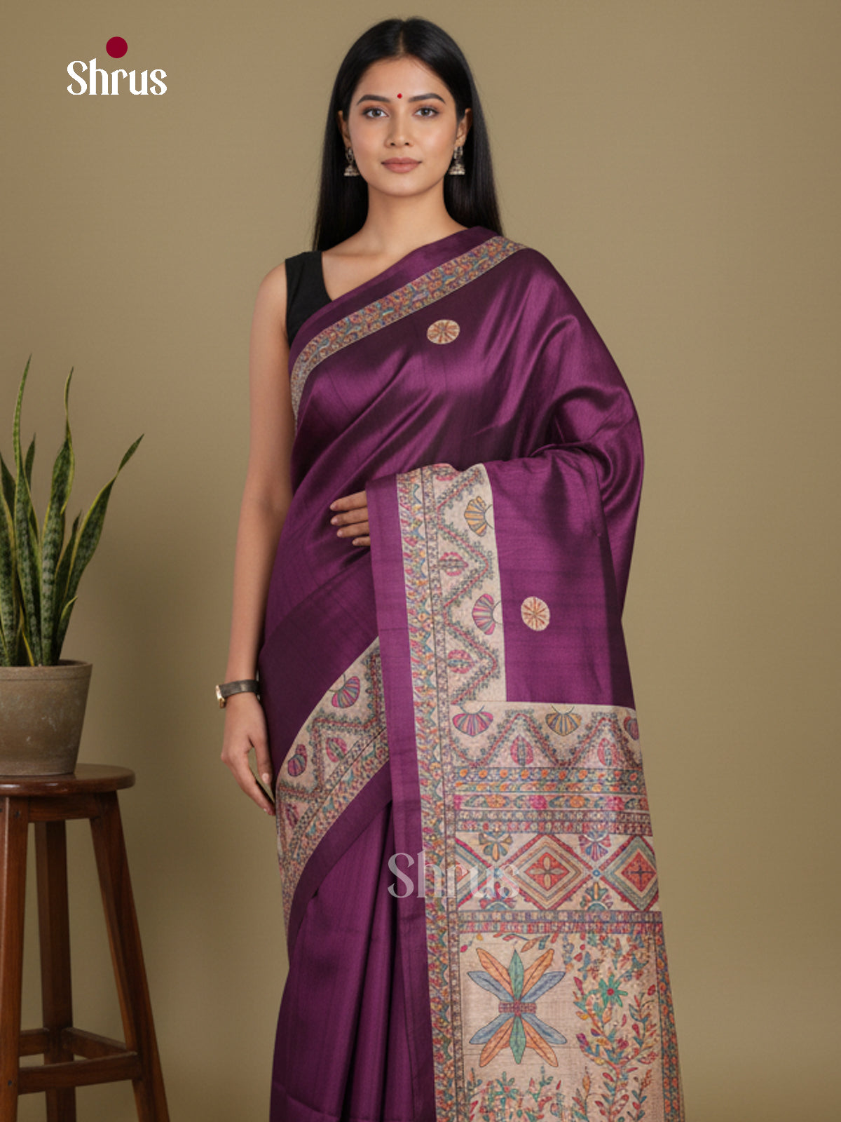 Violet & Cream - Printed Madhubani Saree