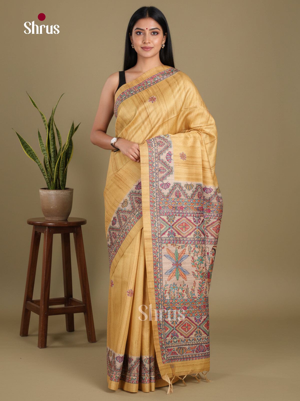 Yellow & Cream- Printed Madhubani Saree
